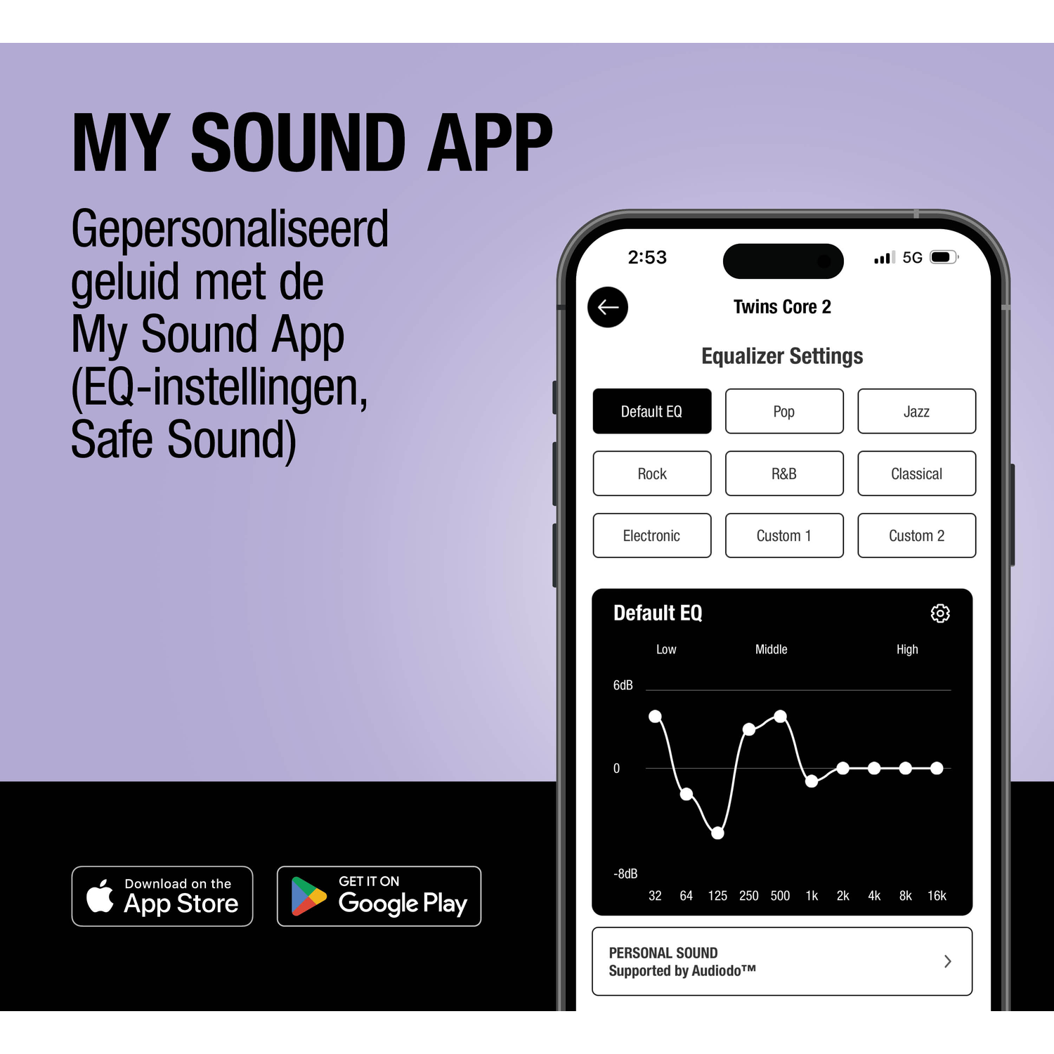 App screen showing EQ settings with App Store and Google Play links.