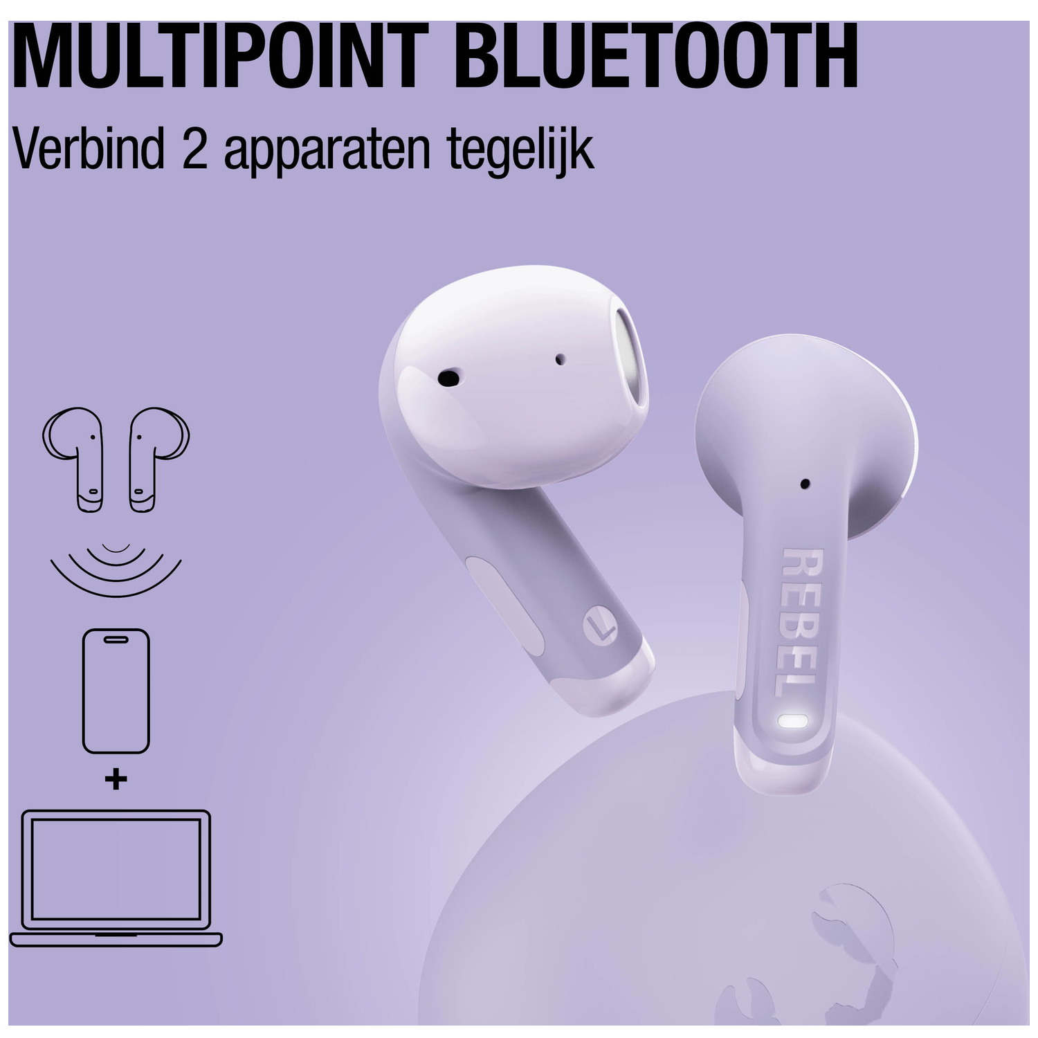 Purple earbuds with Bluetooth symbols, smartphone, and laptop.