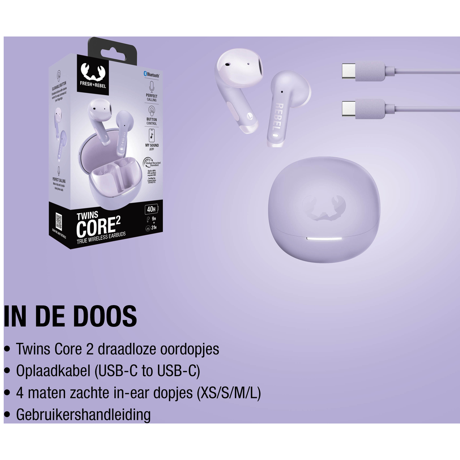Purple Fresh Rebel Twins Core 2 earbuds with charging case and two USB-C cables.