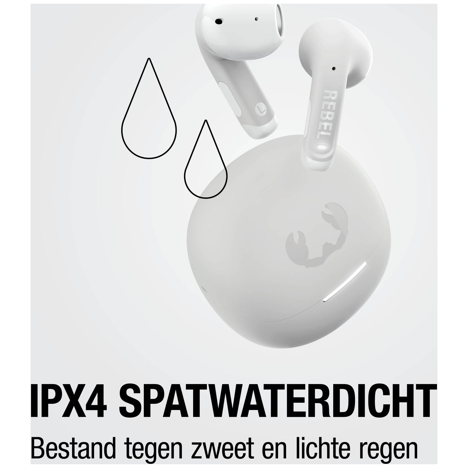 White earbuds with charging case, IPX4 water resistant.