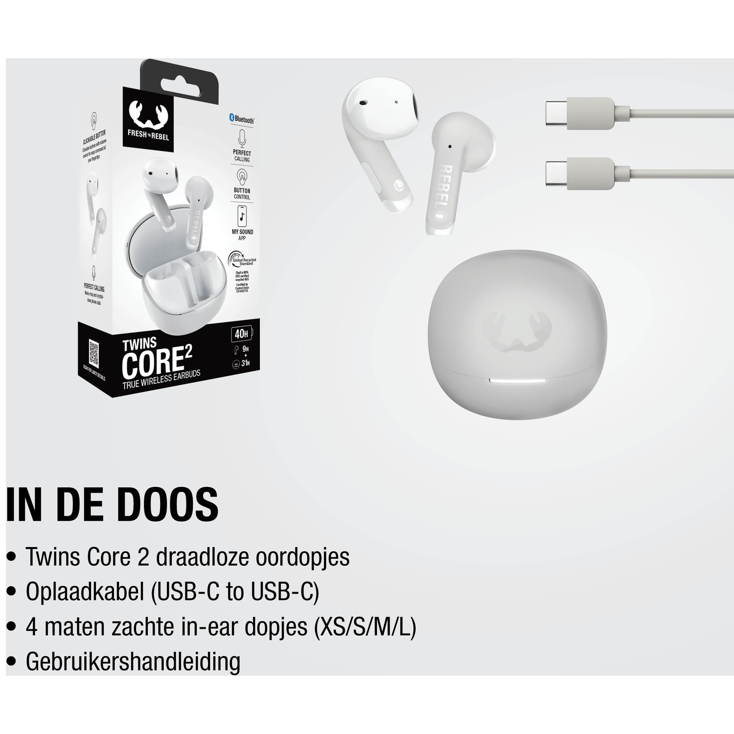 White Fresh & Rebel true wireless earbuds with charging case and cables.
