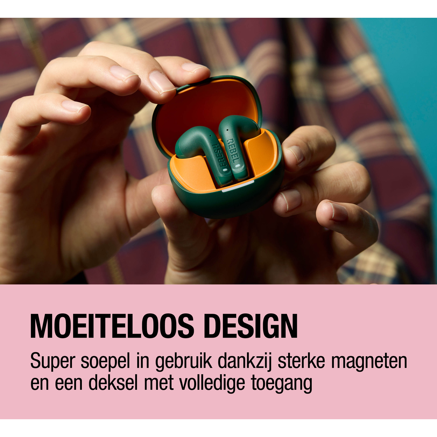 Green earbuds with orange case, held by hands.