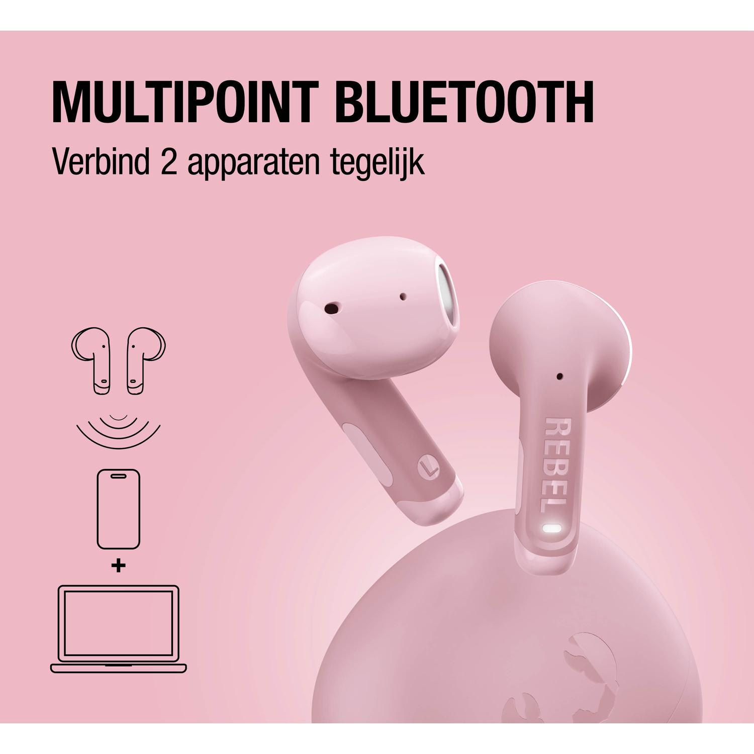Two pink earbuds and charging case, with icons for Bluetooth connection and devices.