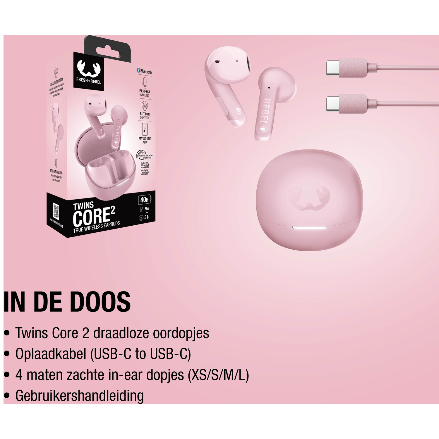 Pink True Wireless earbuds with charging case and cables on a pink background.