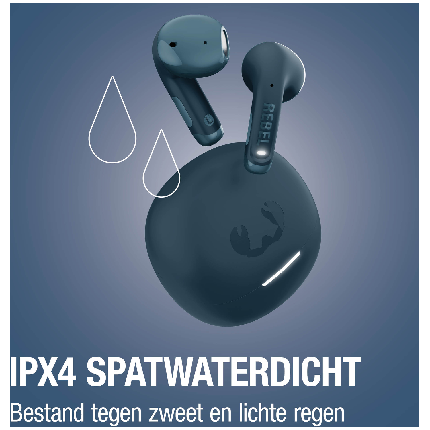 Blue wireless earbuds with charging case, IPX4 splash-proof.