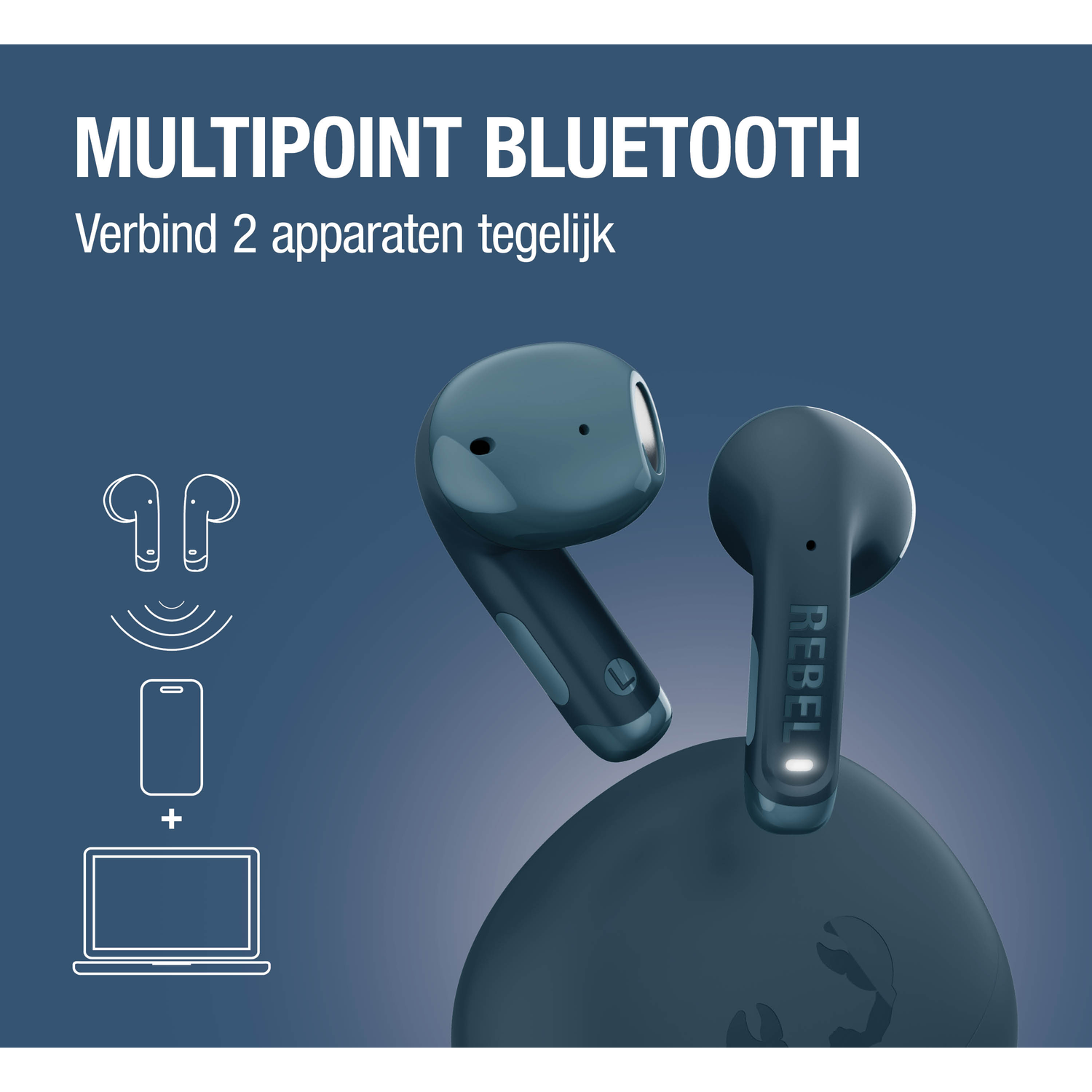 Blue earbuds with REBEL text and charging case. Diagram shows connection to phone and laptop.