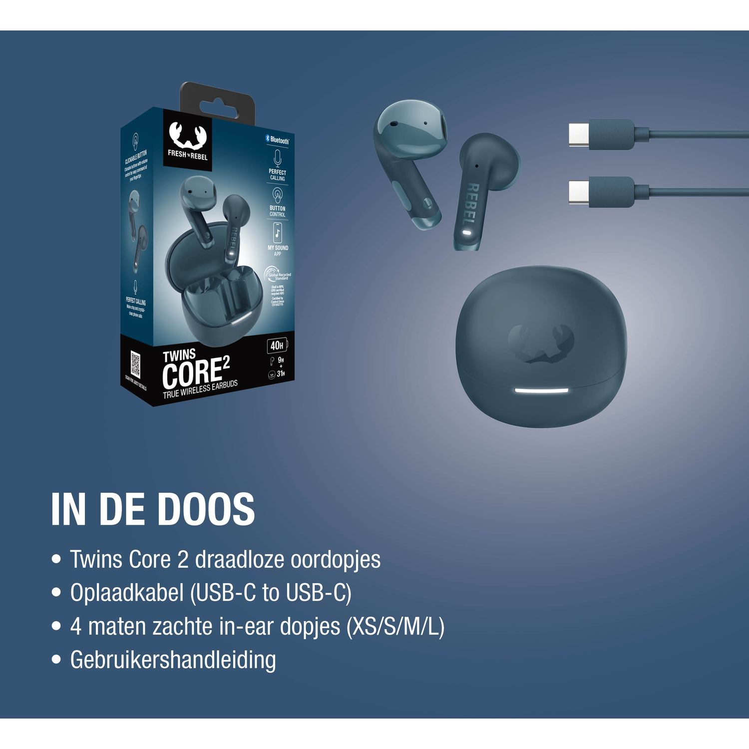 Blue earbuds, charging case, cables and box with text.