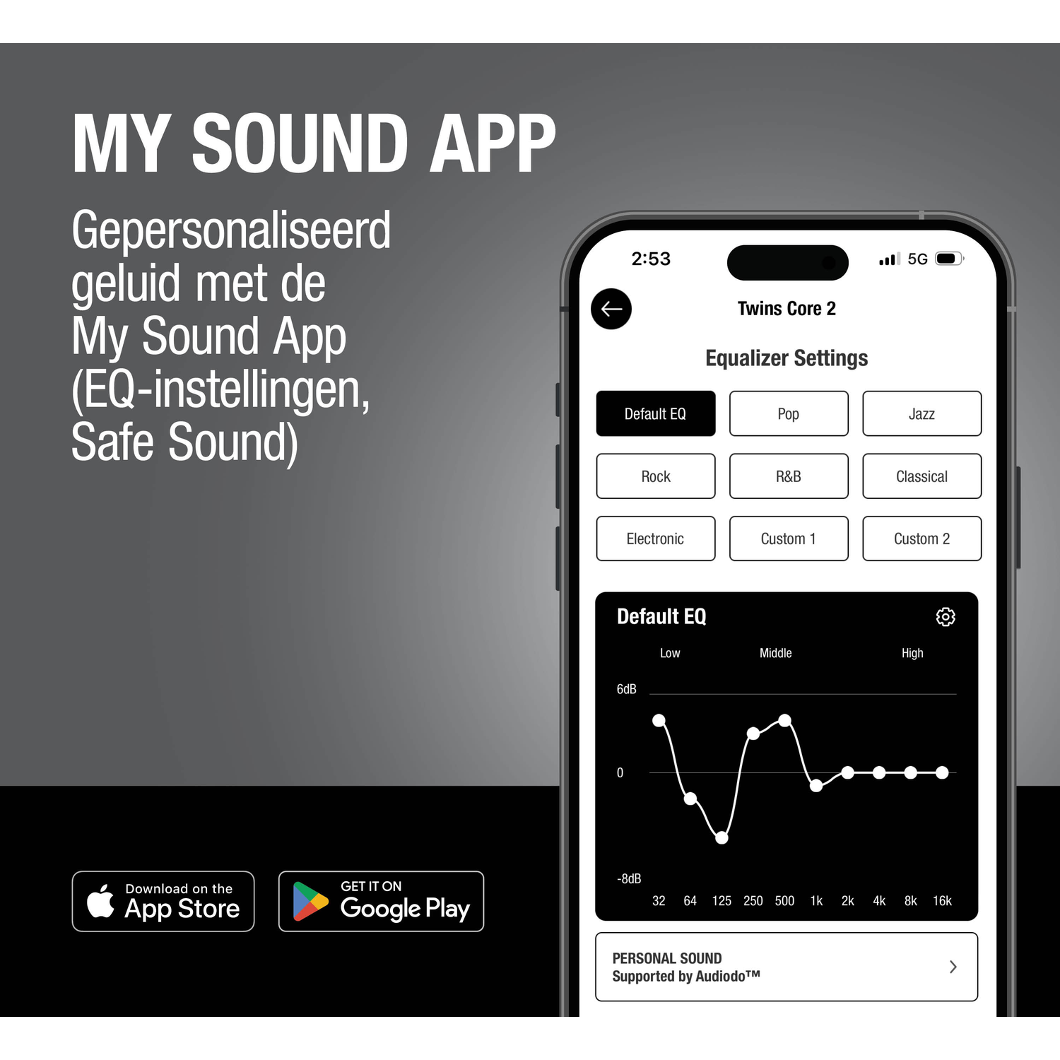 App screen showing equalizer settings with an EQ curve.