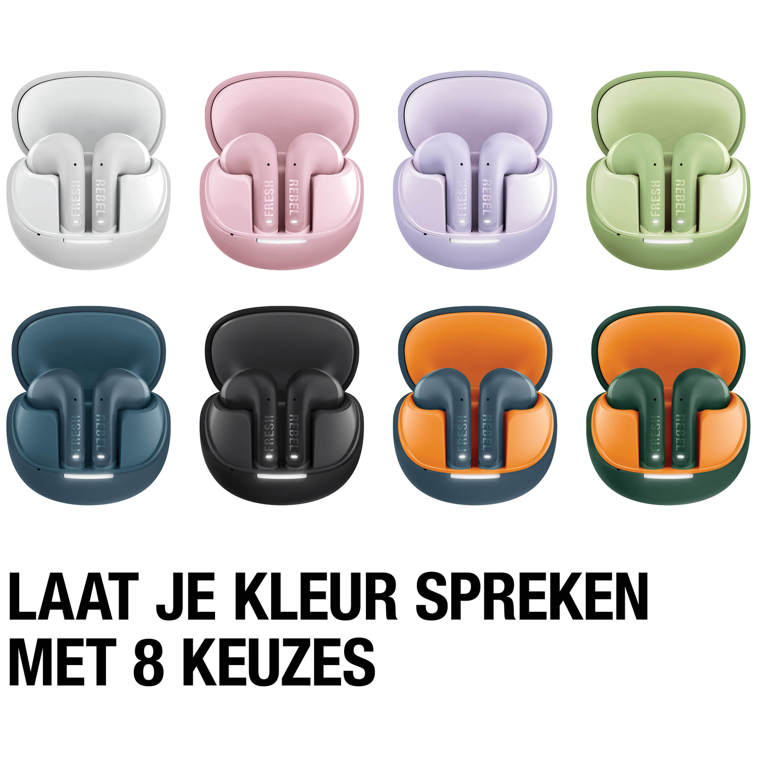 Eight pairs of wireless earbuds in white, pink, purple, green, blue, black, orange/blue, and orange/green.