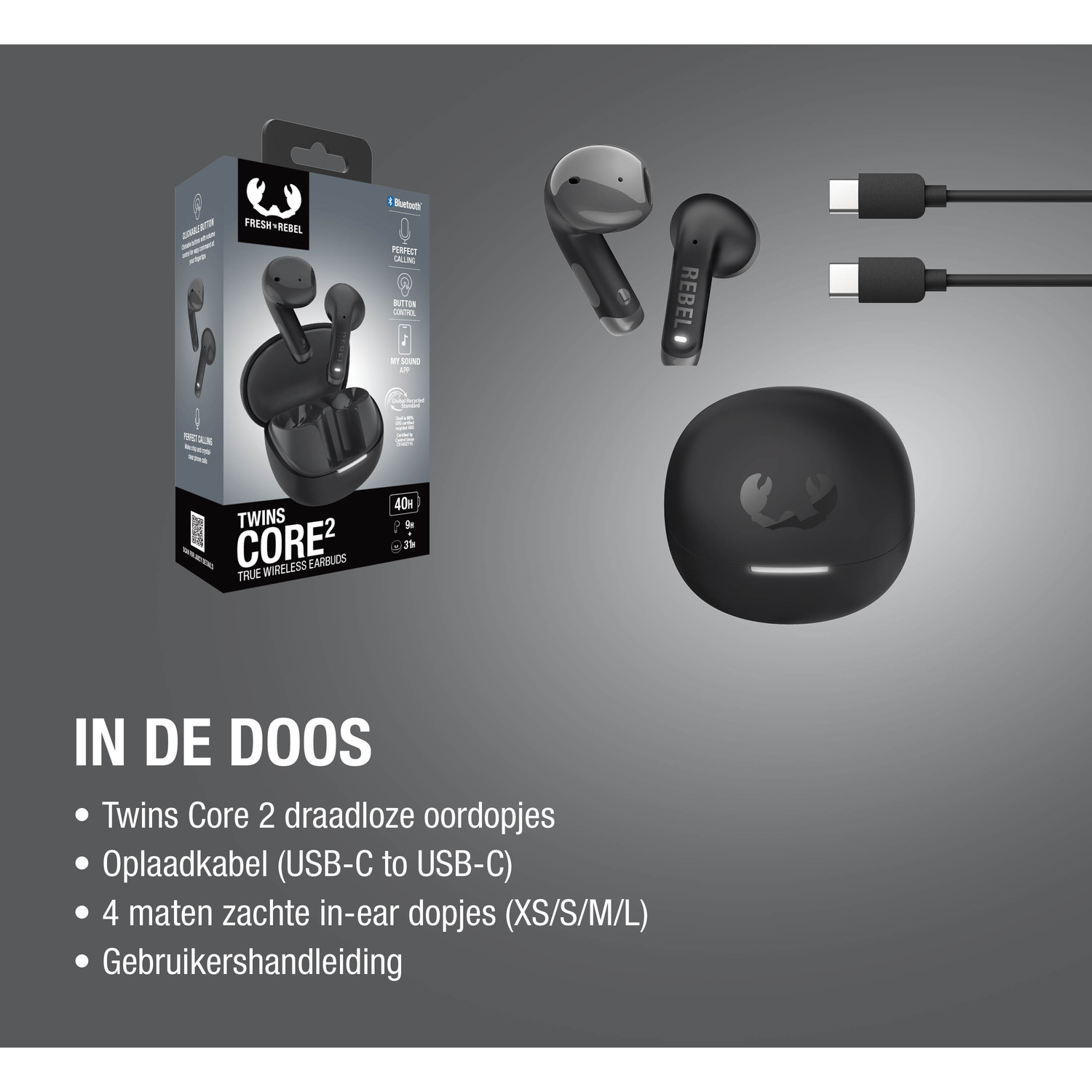 Black earbuds and charging cable with 'Twins Core 2' label.