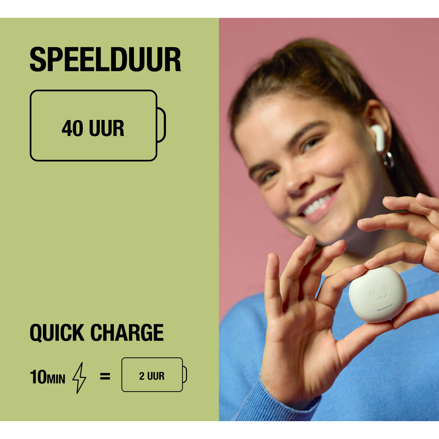 Woman holds white charging case, 40 hrs playback, 10 min charge = 2 hrs.