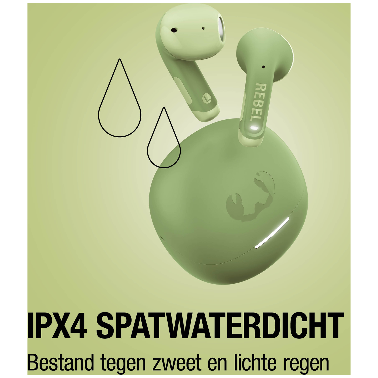 Green earbuds with charging case, IPX4 splash-proof.