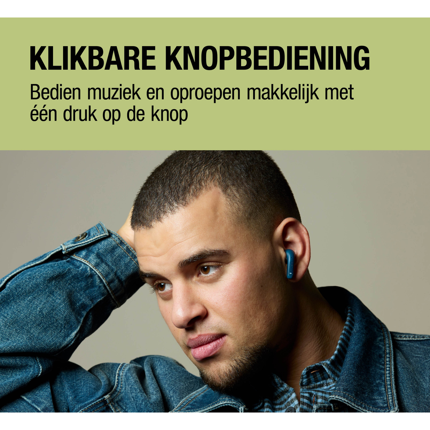 Man with blue earbud, wearing denim jacket, text at top.