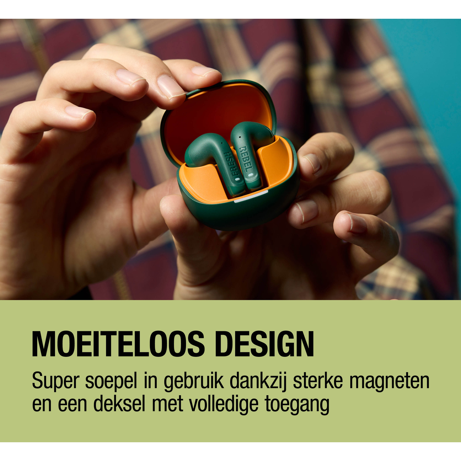 Green earbuds with 'REBEL' text inside a green case with an orange lid.