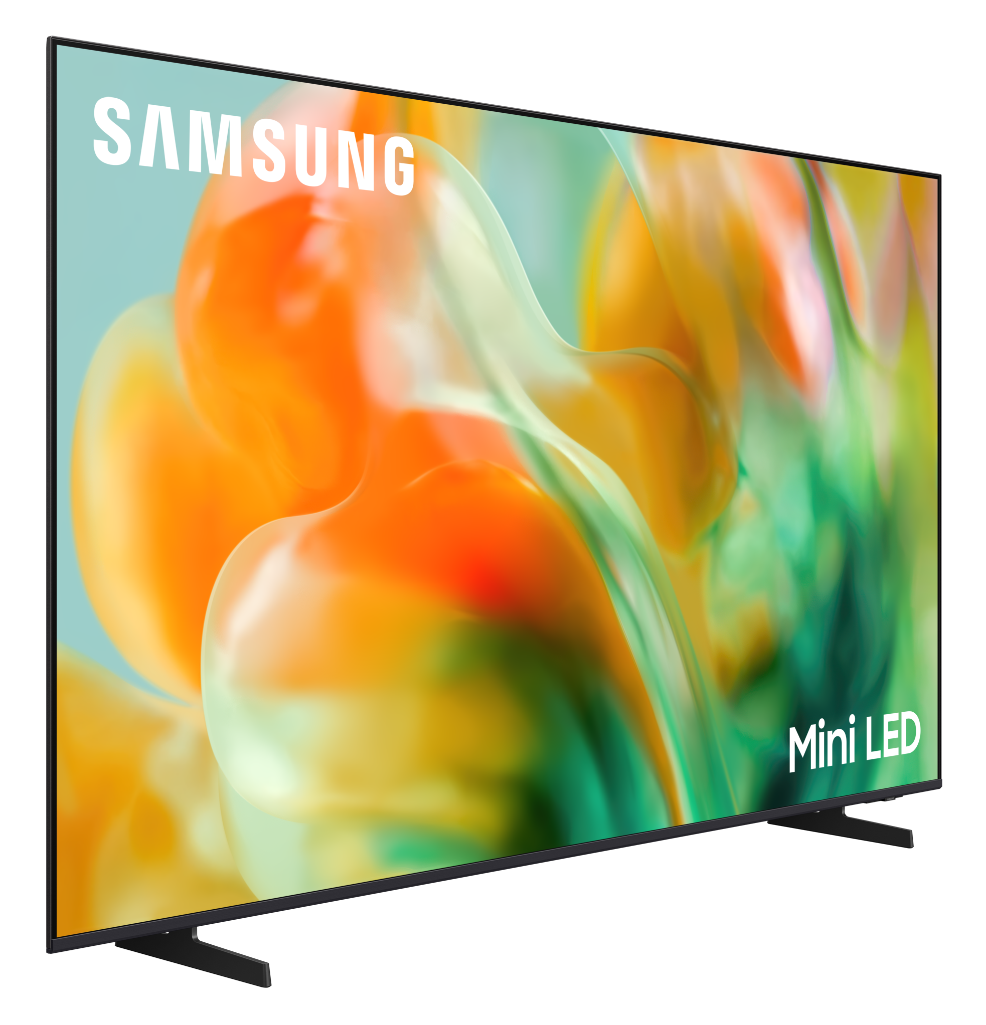 Telewizor Samsung Mini LED z abstrakcyjnym, kolorowym tłem.