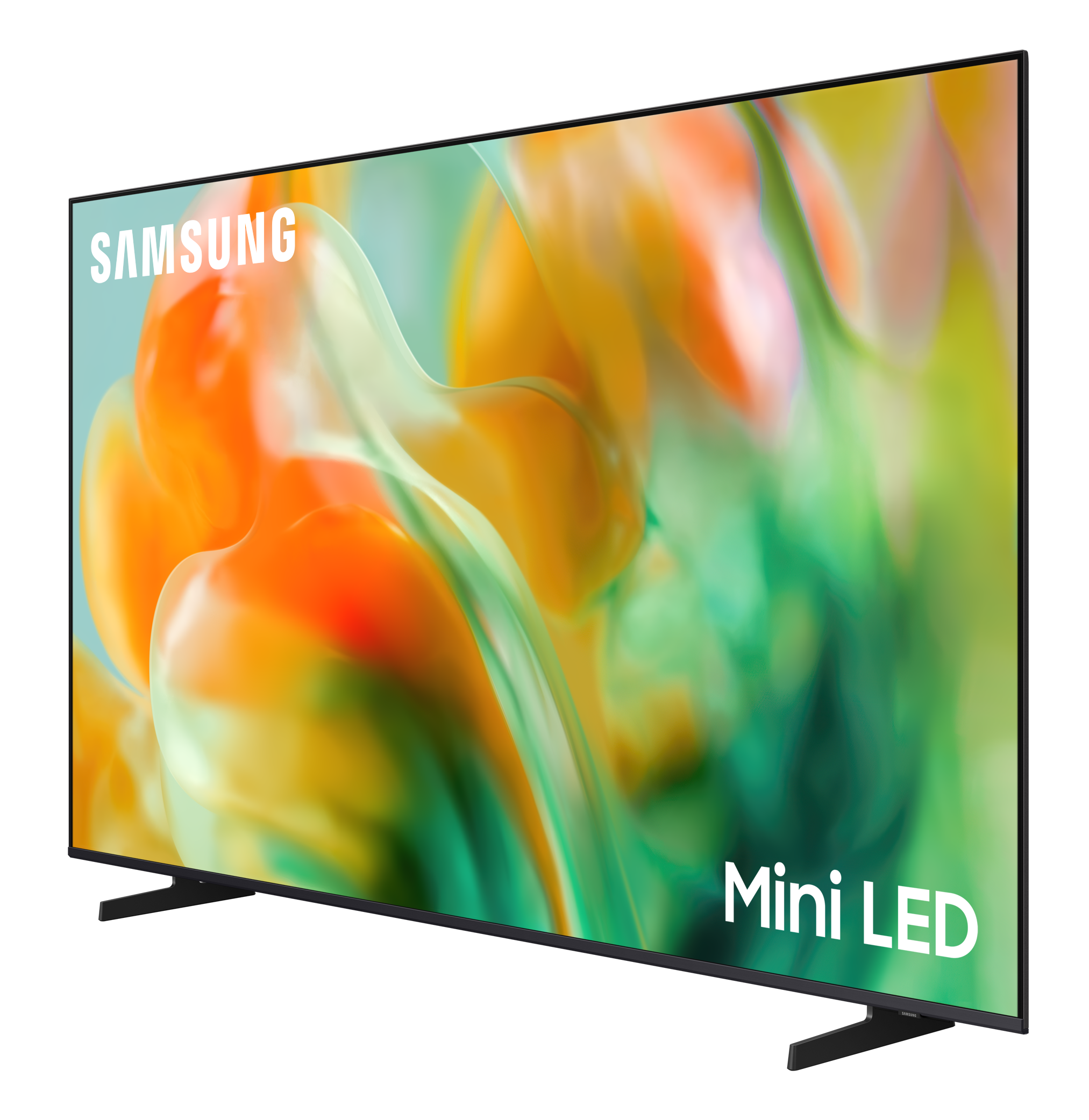 Telewizor Samsung Mini LED z kolorowym, abstrakcyjnym tłem.