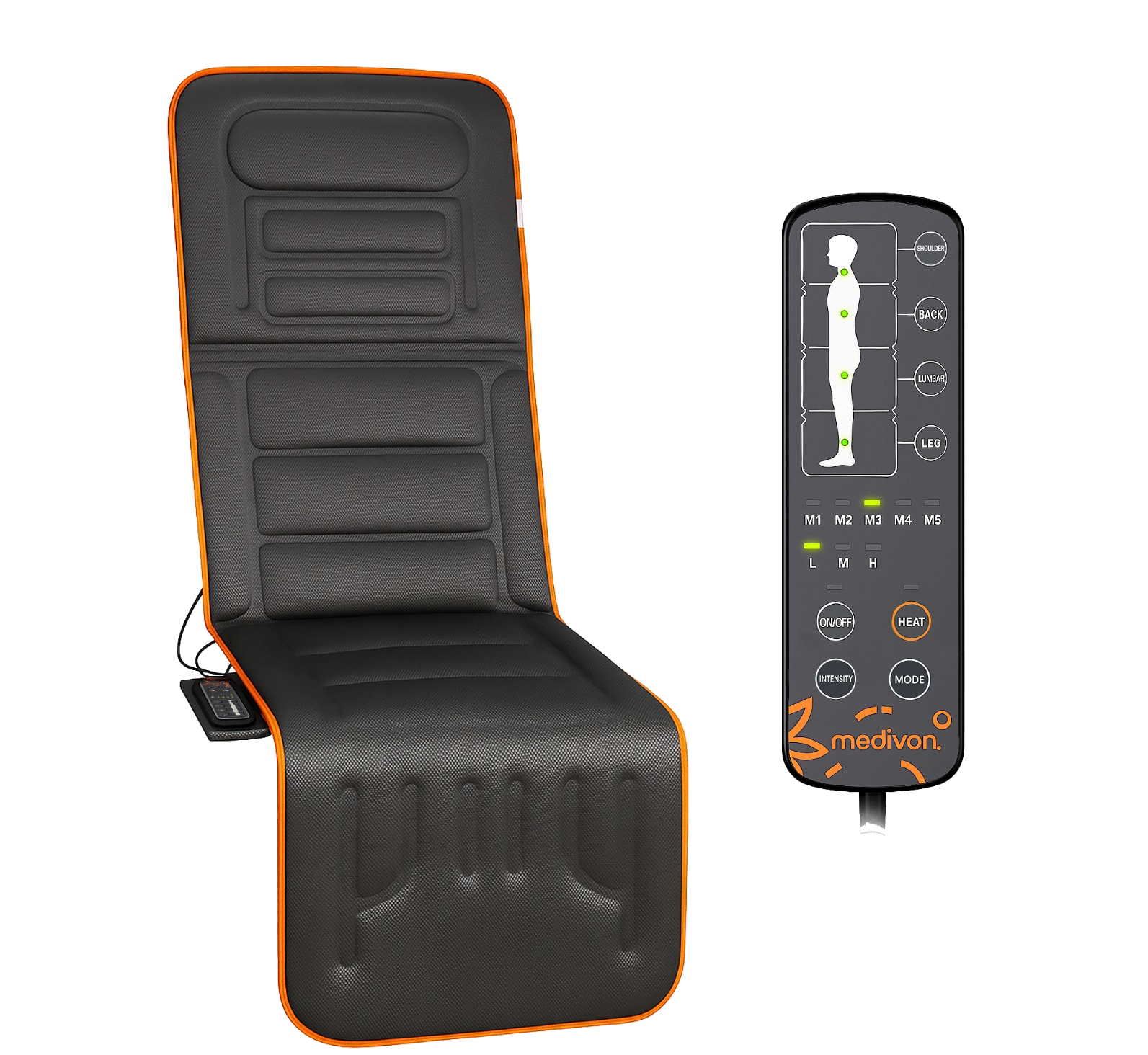 Czarna mata masująca z pomarańczowym wykończeniem i pilotem.