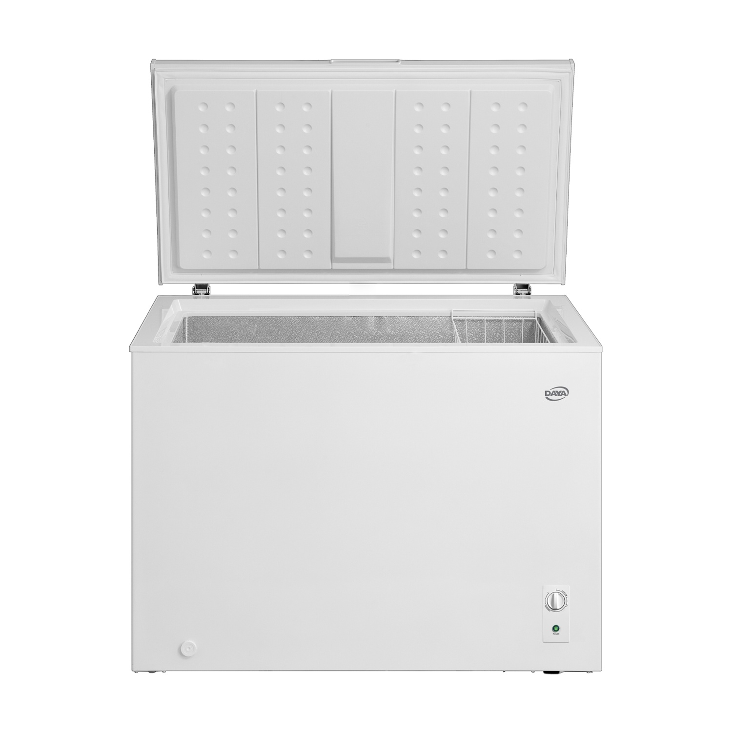 Un congelatore a pozzetto bianco con il coperchio aperto, che rivela l'interno.
