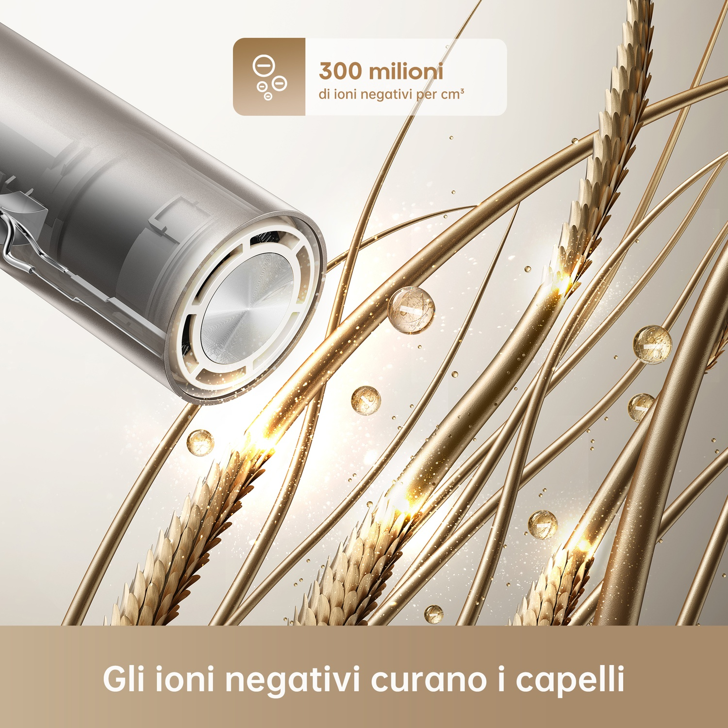 Un asciugacapelli emette ioni negativi sui capelli dorati.