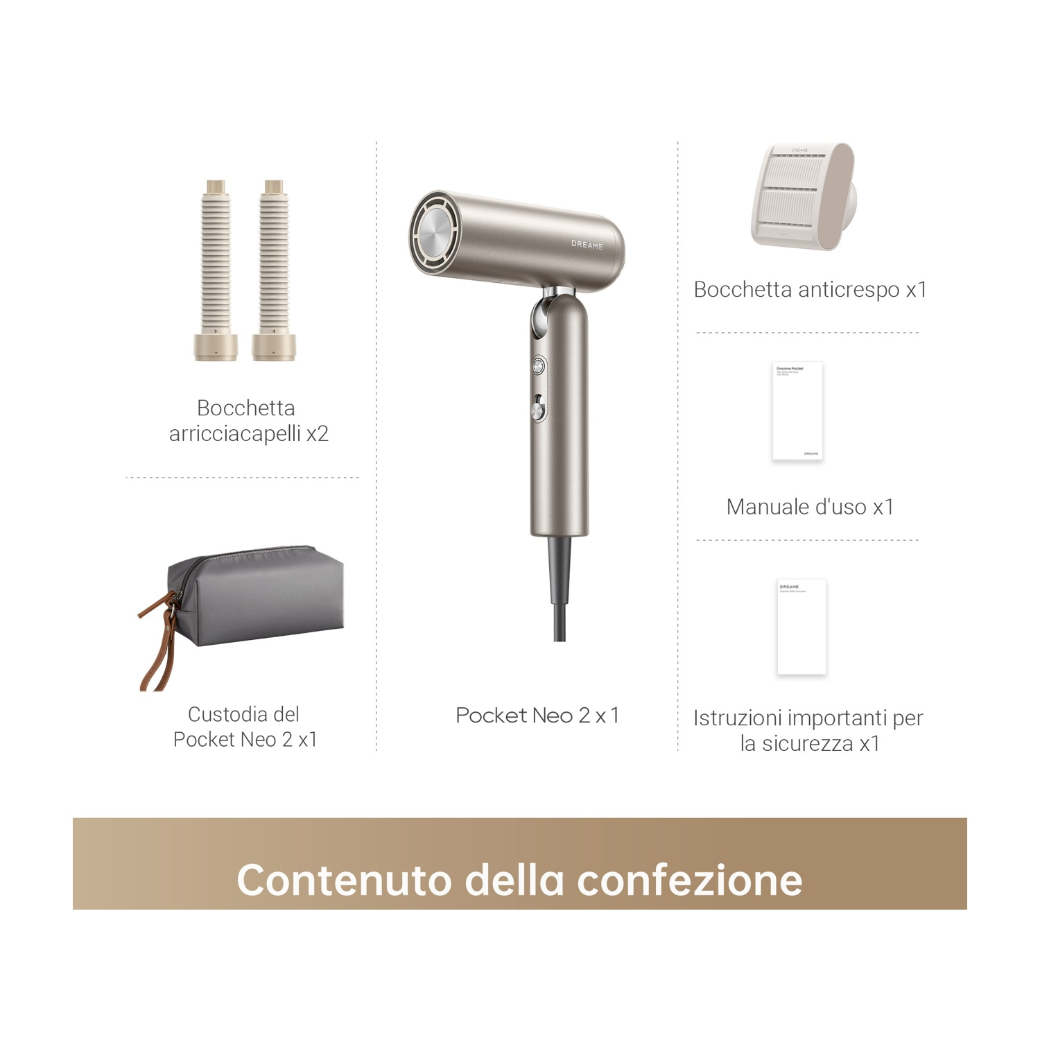 Un asciugacapelli dorato con accessori: beccucci arricciacapelli, bocchetta anticrespo, custodia.