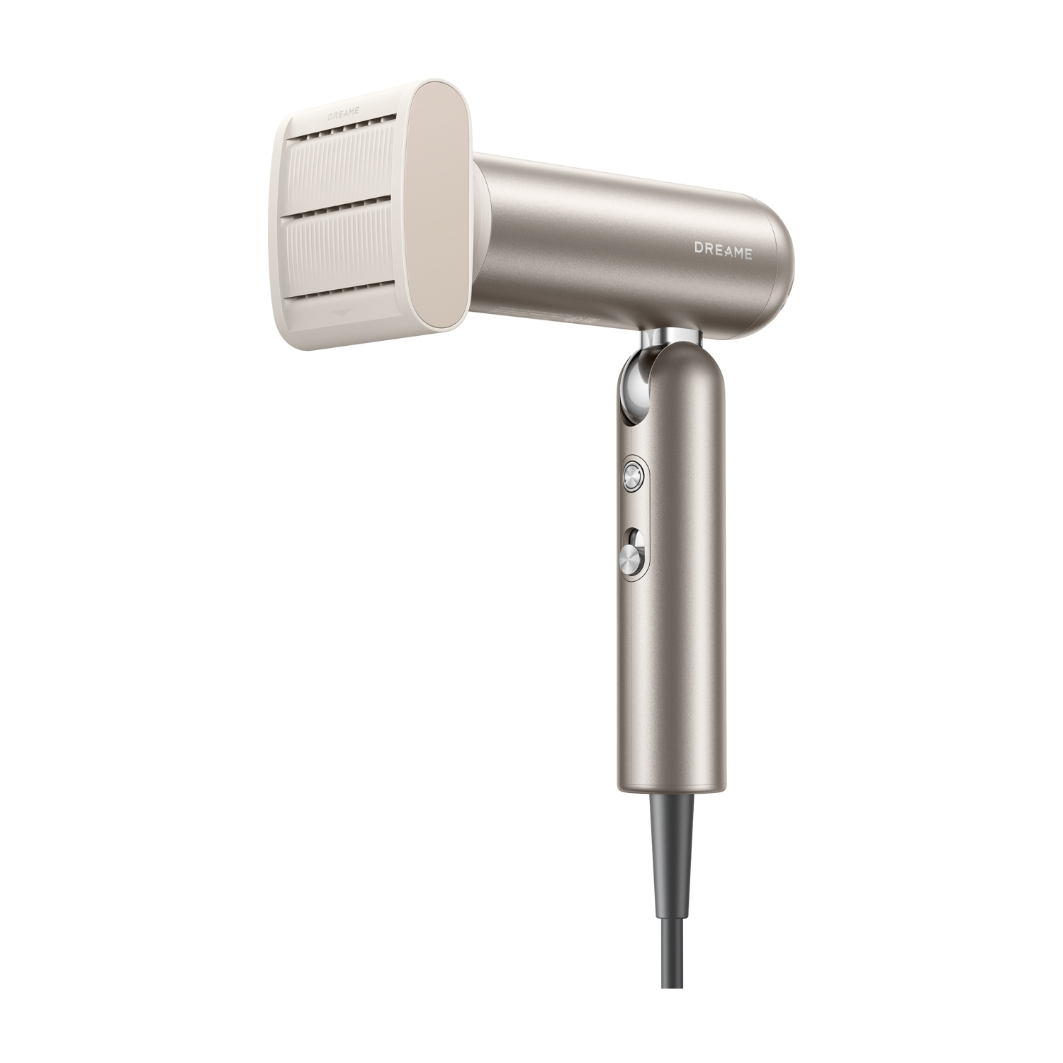 Un asciugacapelli grigio metallico ed elegante con bocchetta bianca e pulsanti di controllo.