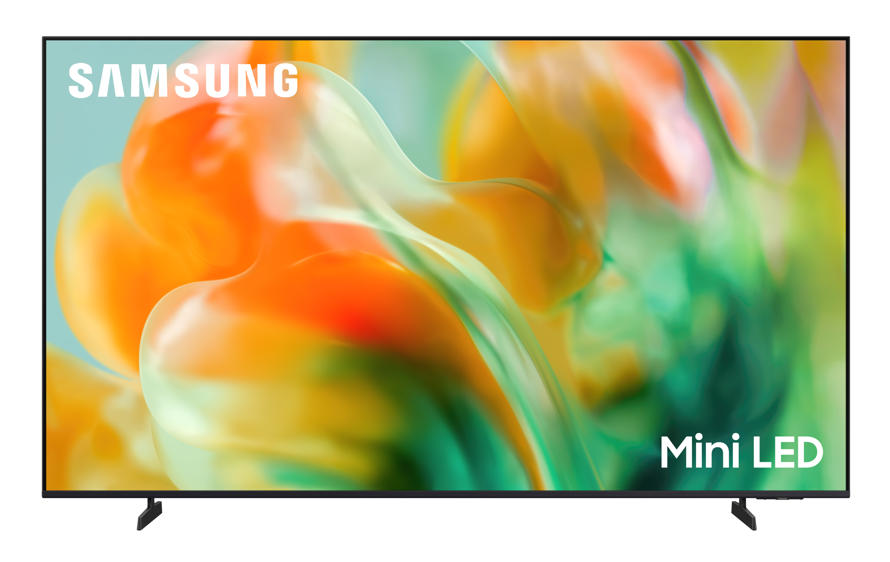 Telewizor Samsung Mini LED z abstrakcyjnym pomarańczowo-zielonym tłem.
