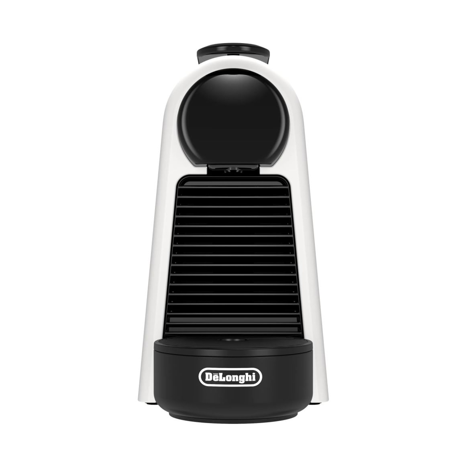 Una macchina da caffè bianca con accenti neri e logo Delonghi.