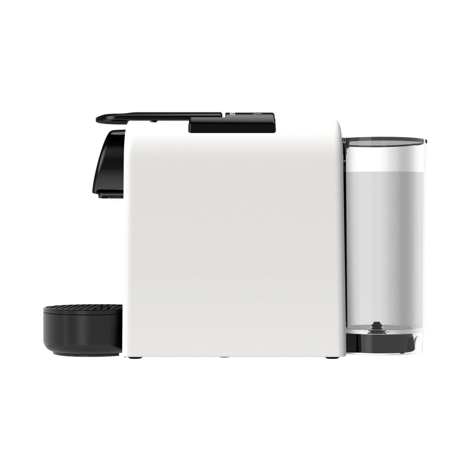 Macchina da caffè bianca con serbatoio dell'acqua nero e vaschetta raccogligocce.