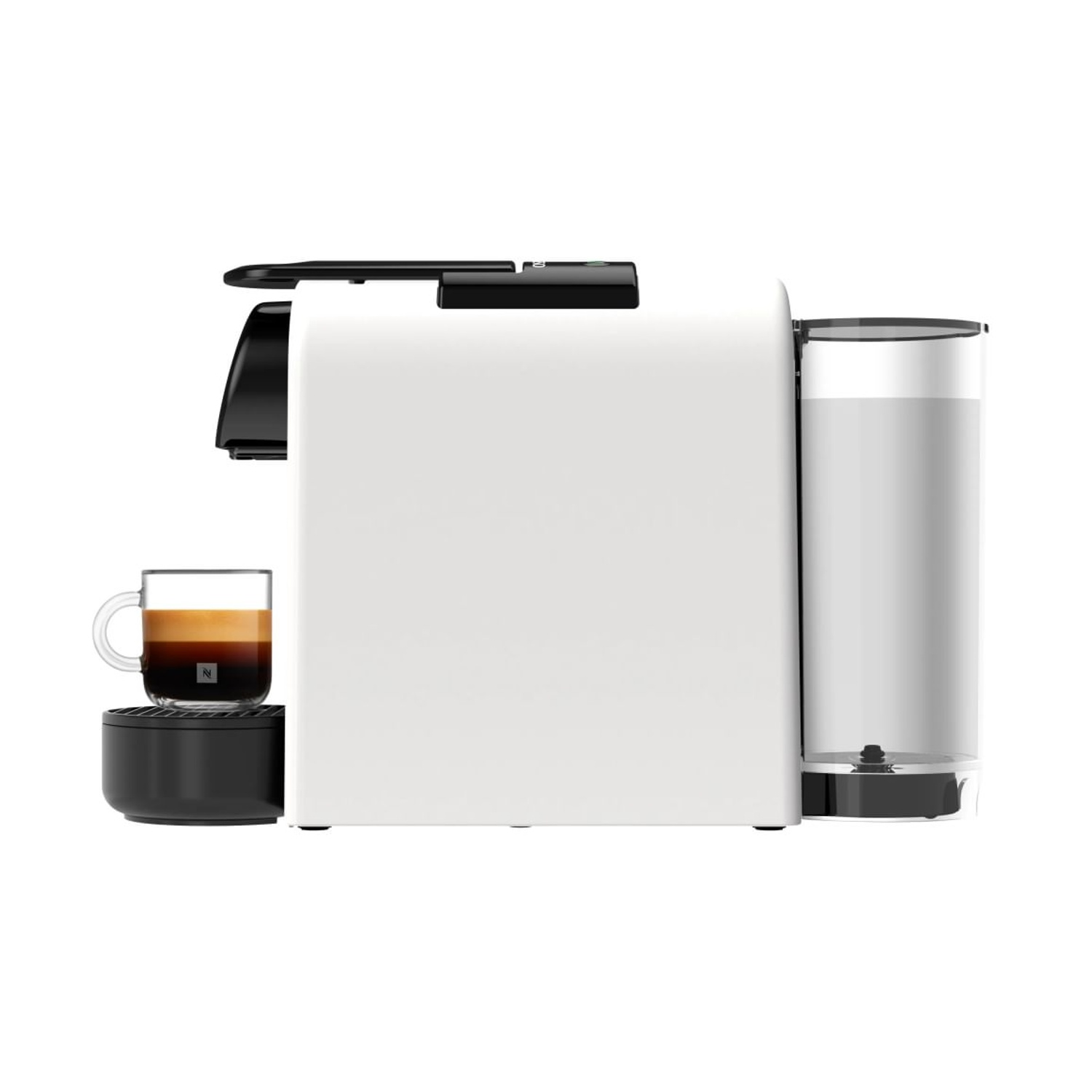 Macchina da caffè bianca con contenitore latte e tazzina espresso.