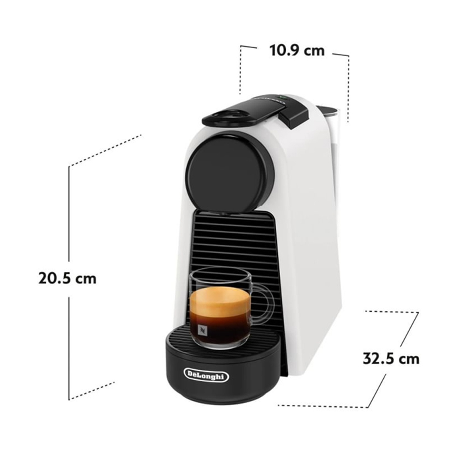 Macchina da caffè bianca con tazzina di caffè, dimensioni mostrate.