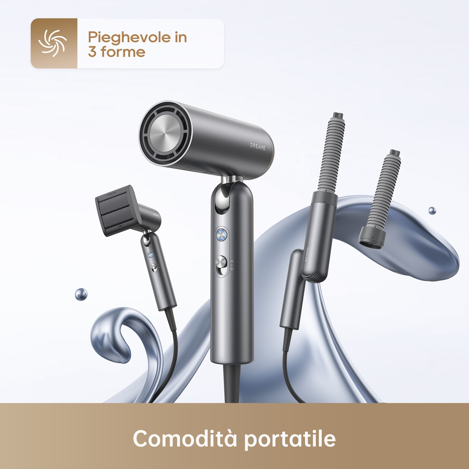 Asciugacapelli grigio con tre accessori, su tessuto fluido.