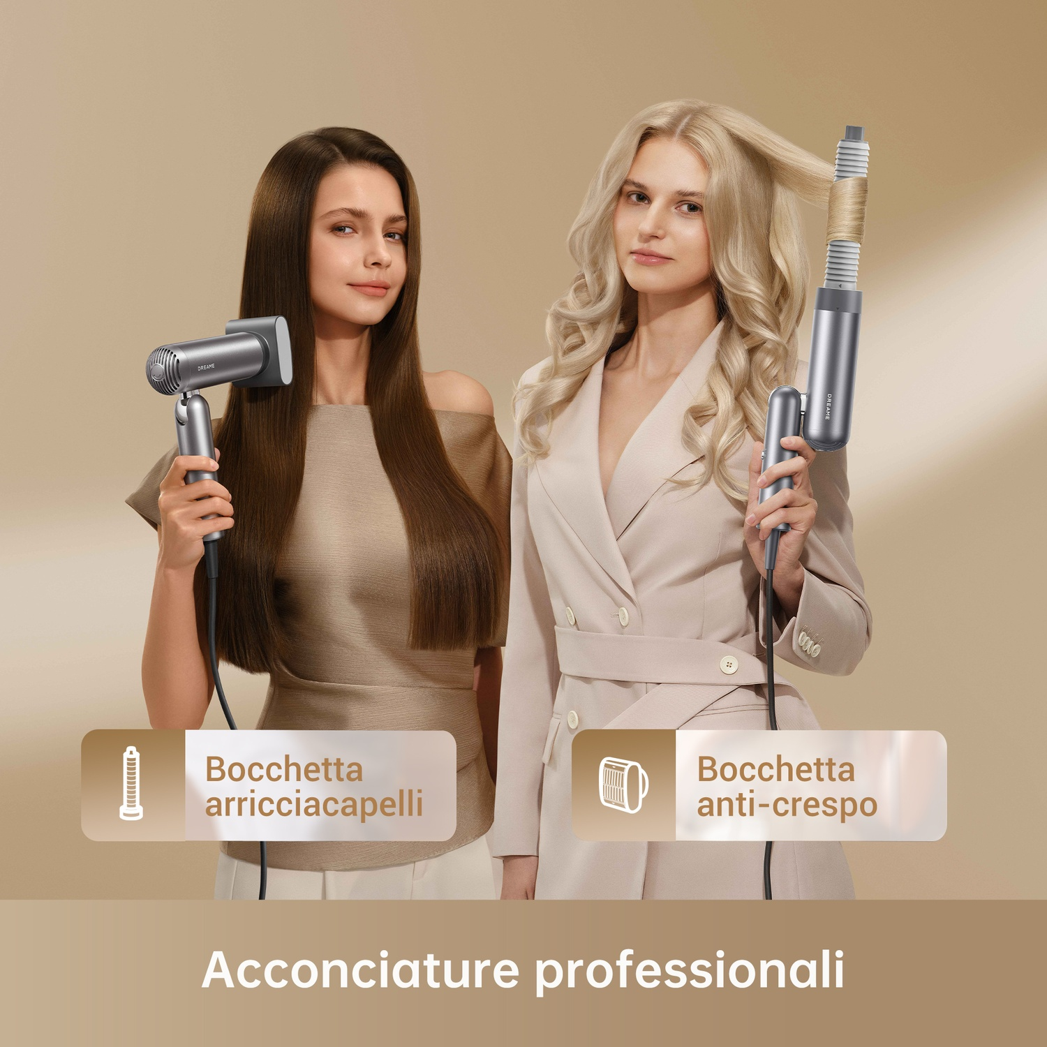 Due donne con strumenti per capelli: una con capelli lisci, una con capelli ricci.