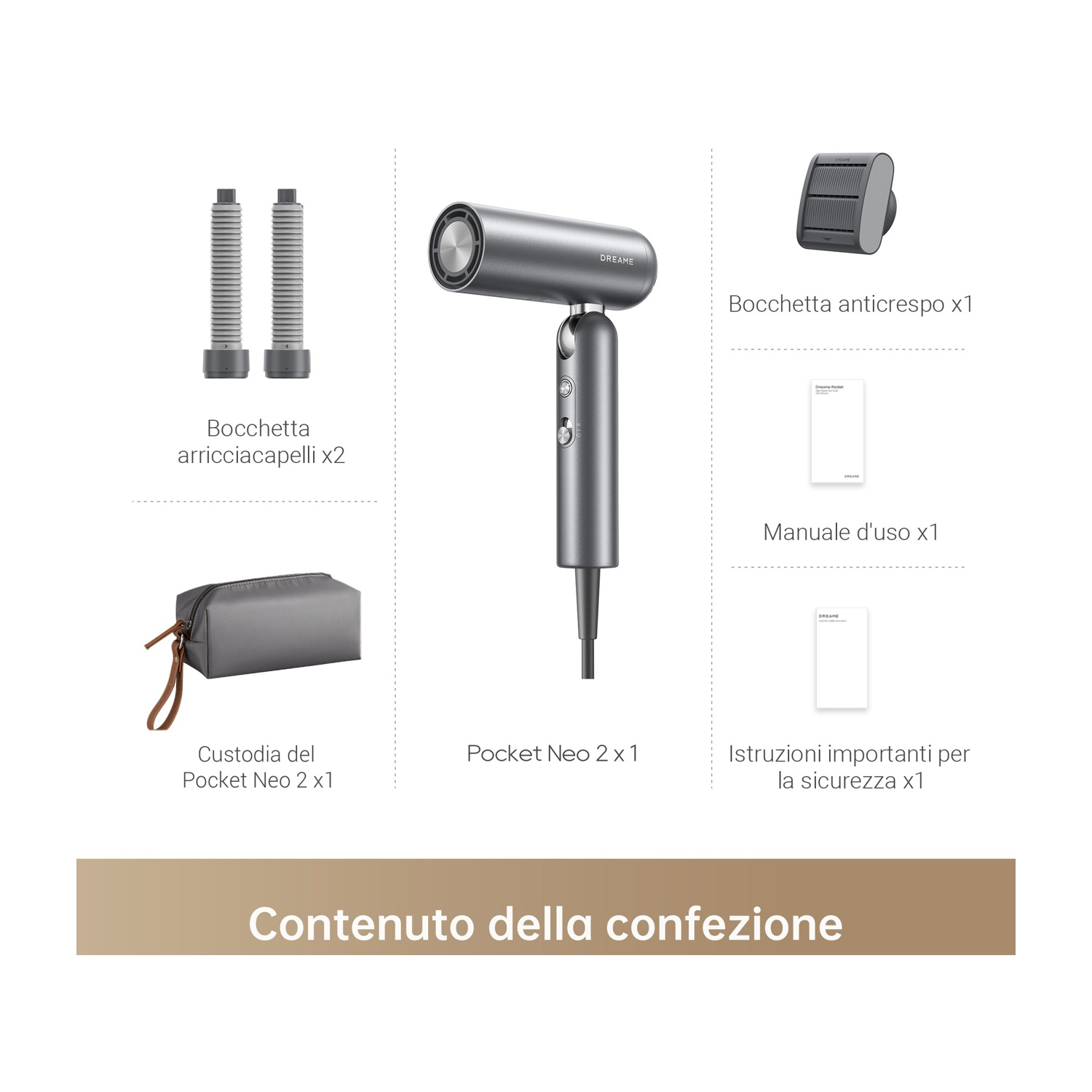 Un set di accessori per asciugacapelli con asciugacapelli, beccuccio arricciacapelli, beccuccio anticrespo, pochette e manuali.
