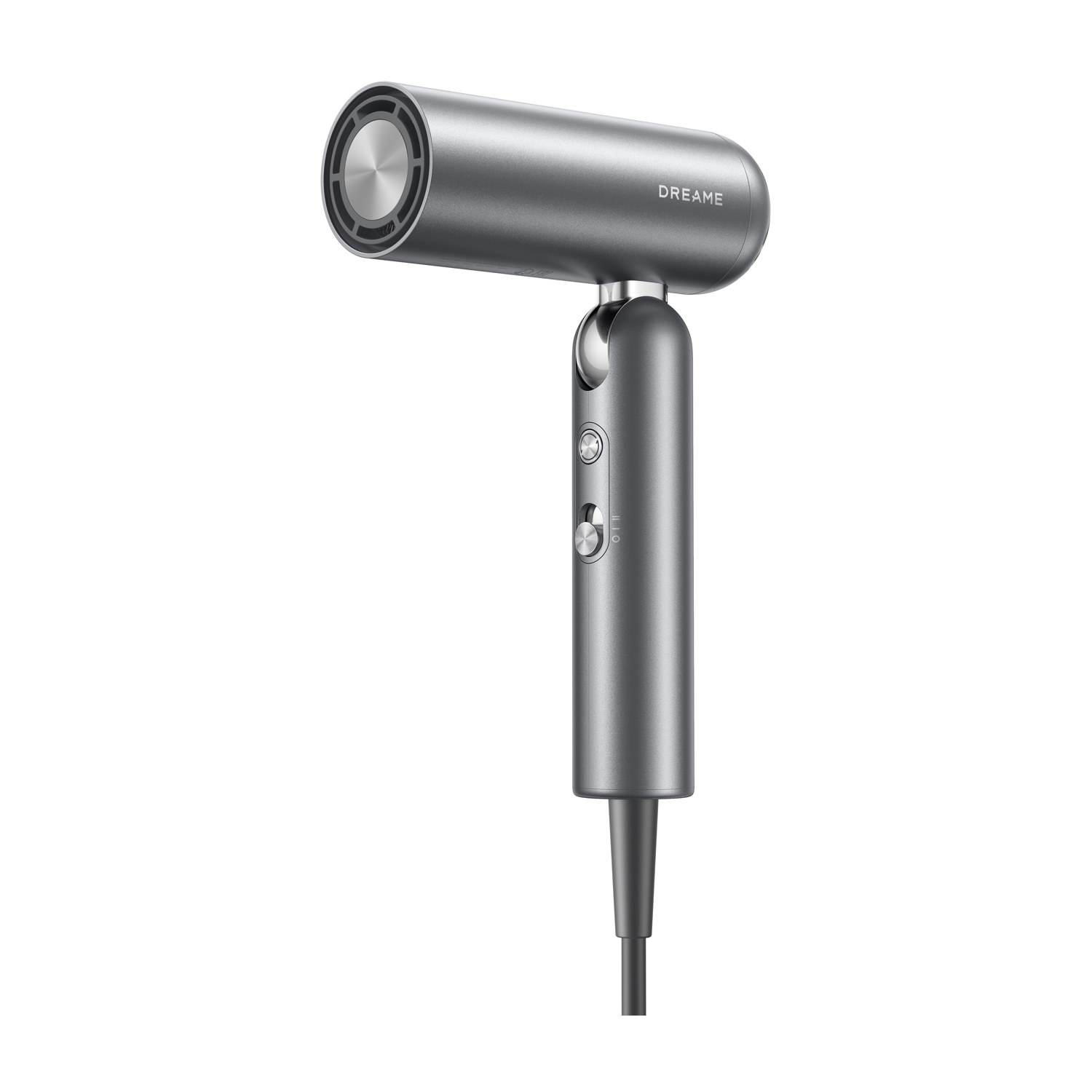 Asciugacapelli grigio elegante con accenti argentati su sfondo bianco.