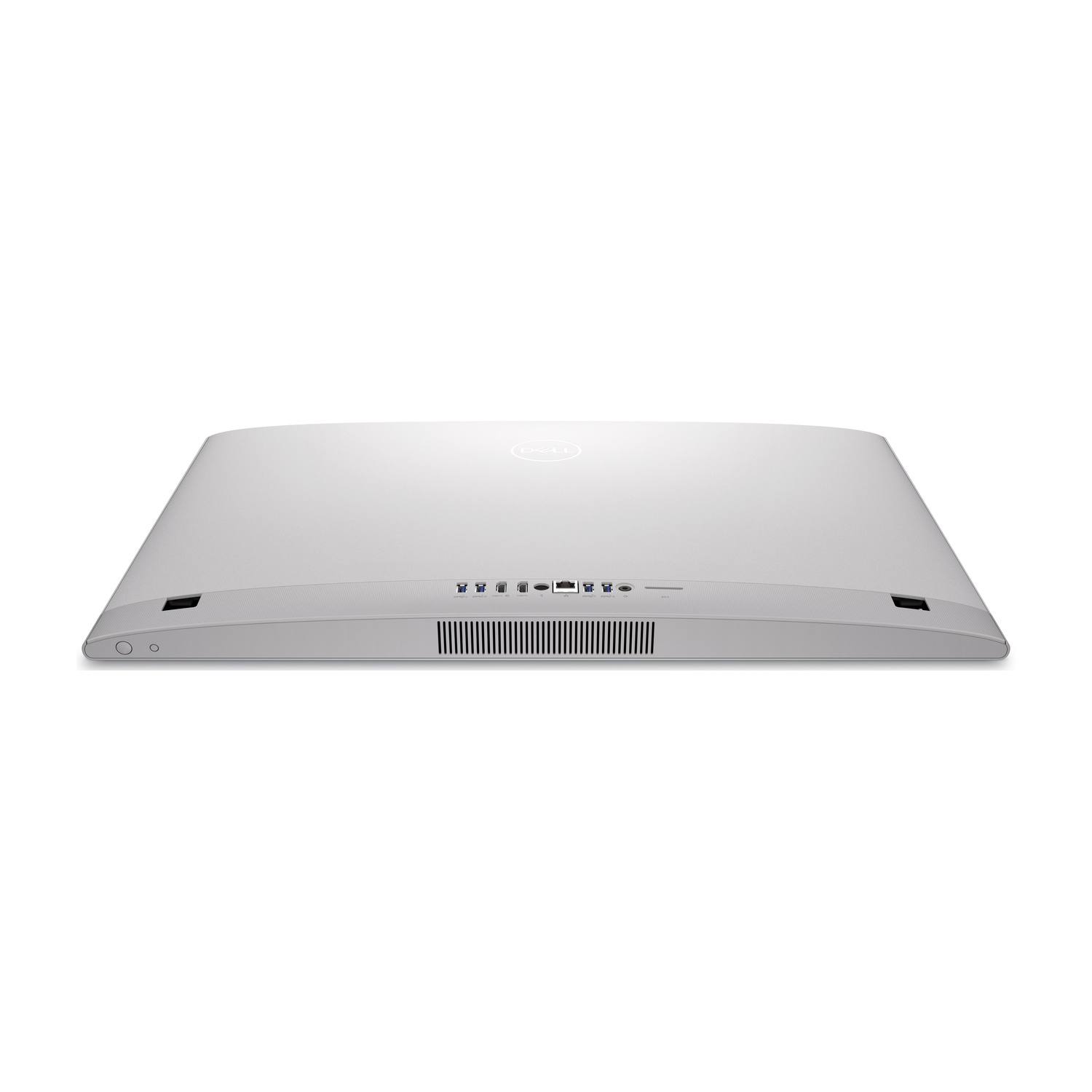 Vista posteriore di un computer all-in-one Dell argentato con porte e fessure di ventilazione.