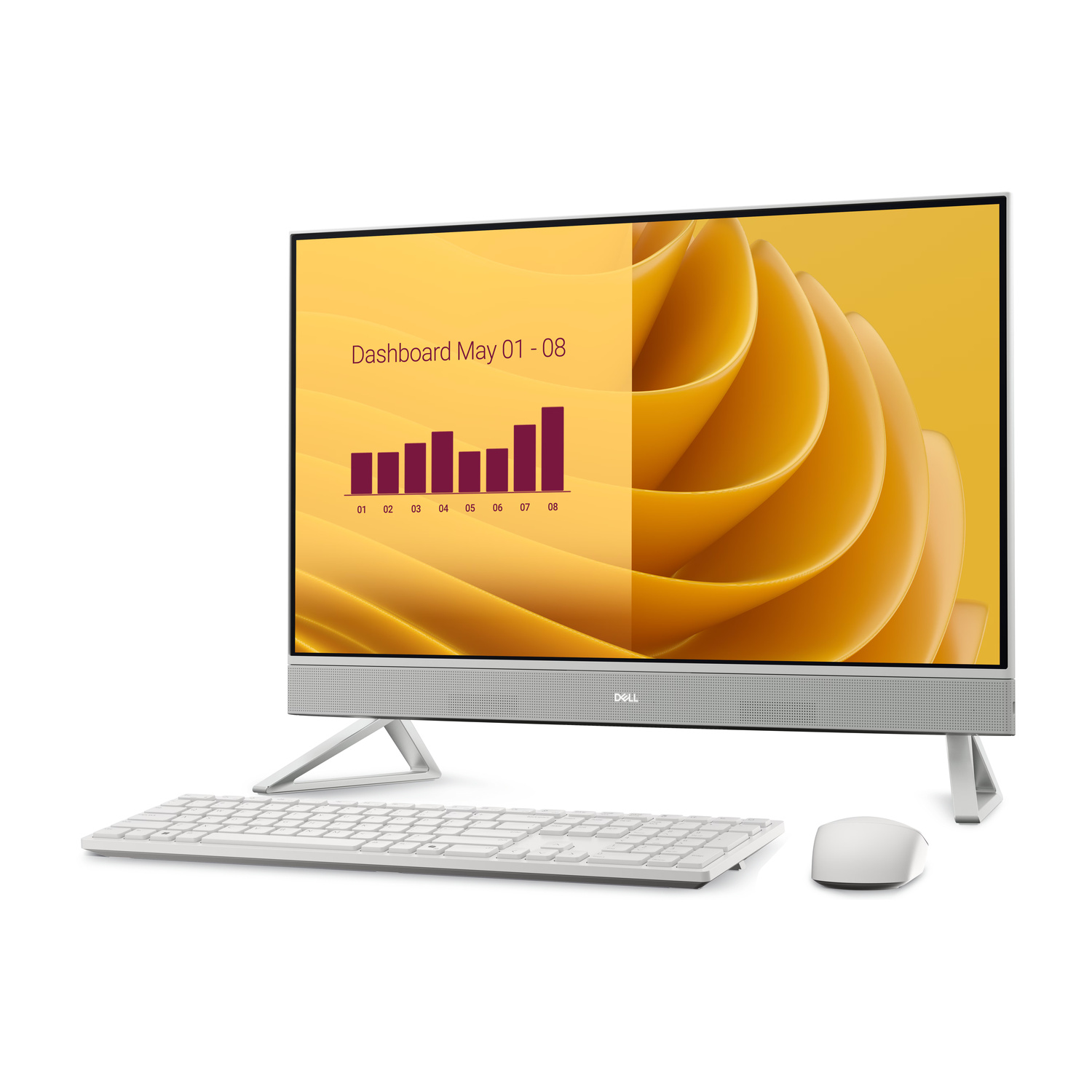 Un computer all-in-one Dell con tastiera e mouse su sfondo bianco.