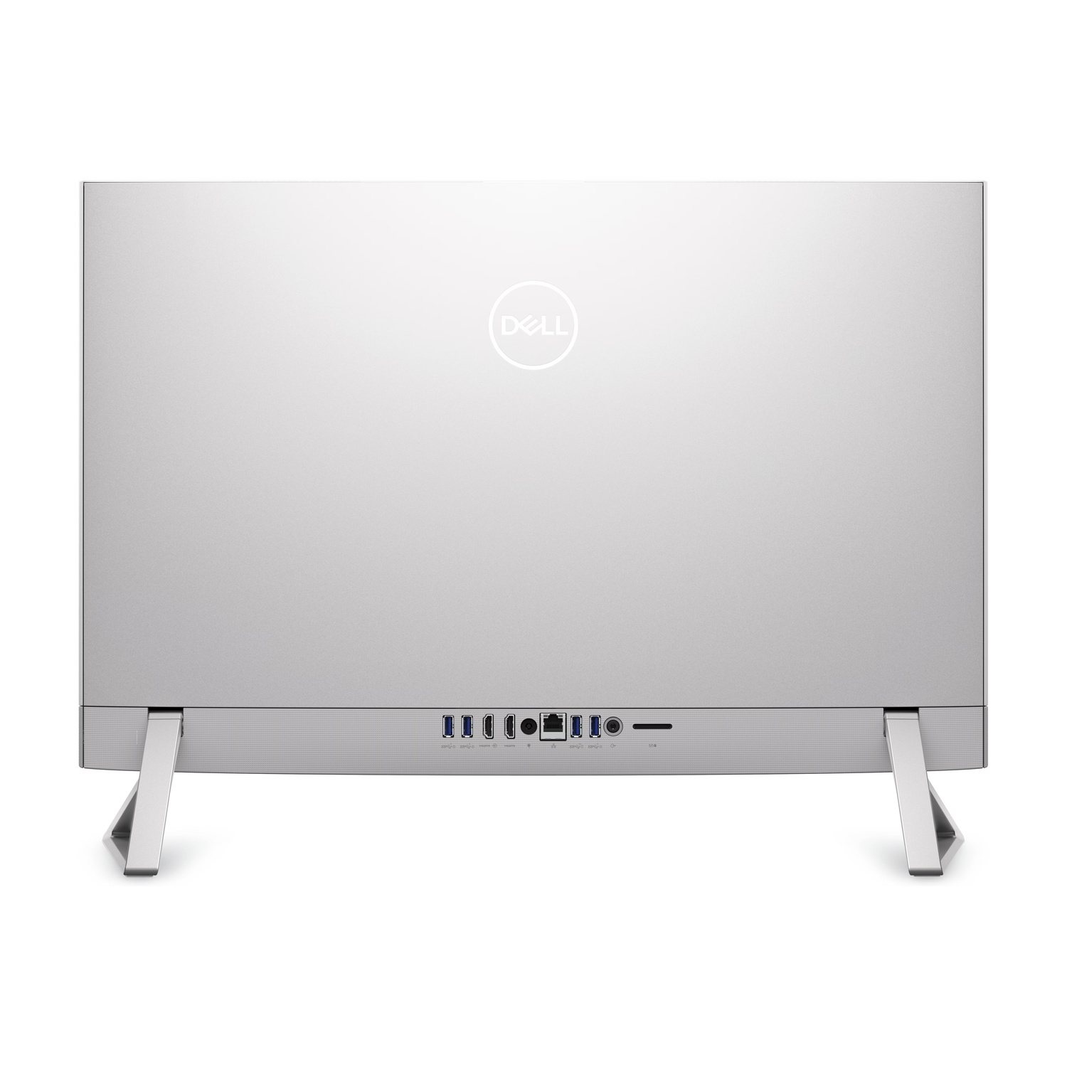 PC Dell All-in-One argento con porte posteriori e due supporti.