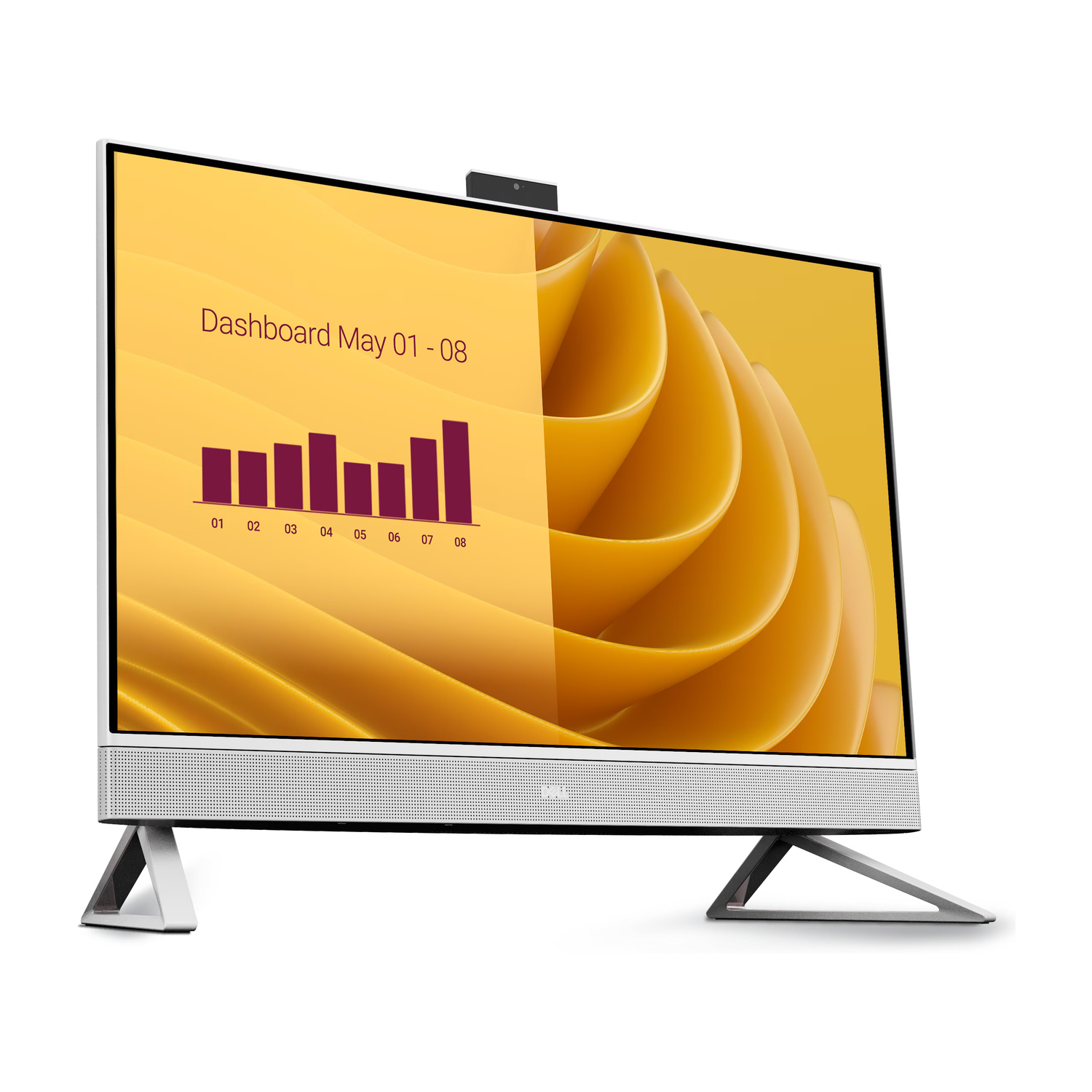 Un computer all-in-one moderno visualizza una dashboard con grafico a barre su sfondo astratto giallo.