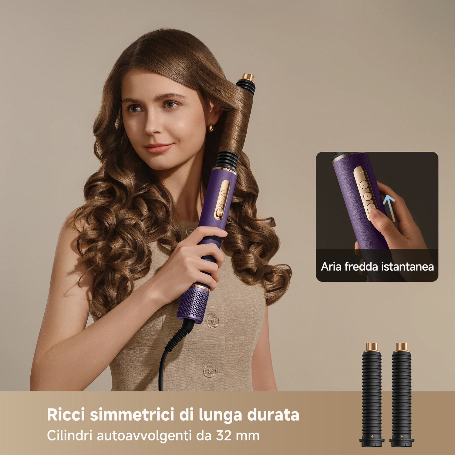 Donna con capelli castani mossi usa arricciacapelli viola. Dettaglio pressione pulsante.
