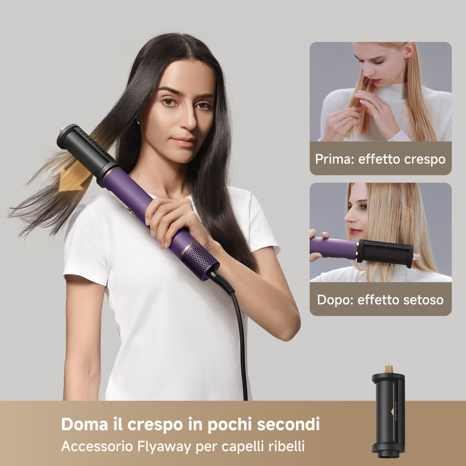 Donna acconcia capelli con apparecchio viola. Sinistra: prima, destra: dopo.