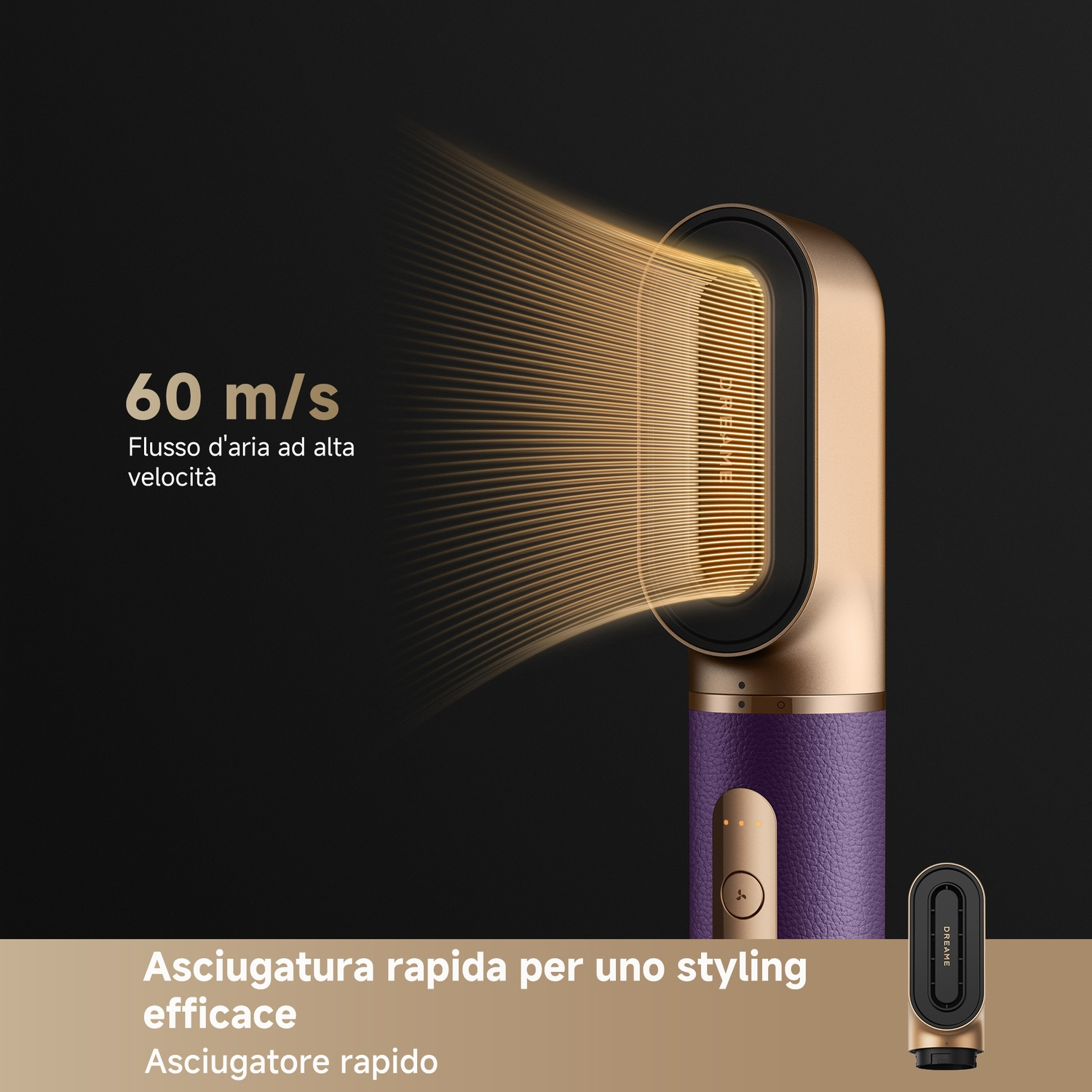 Un asciugacapelli dorato con texture viola, che emette aria. 60 m/s.