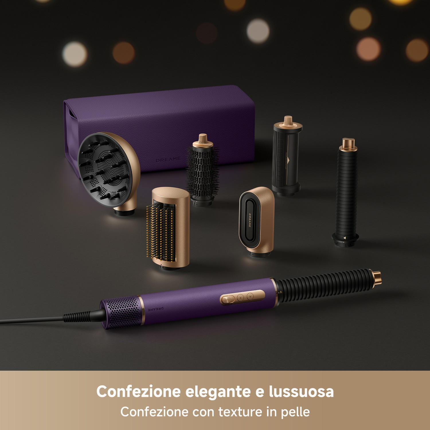 Un asciugacapelli viola con accessori dorati su sfondo scuro.