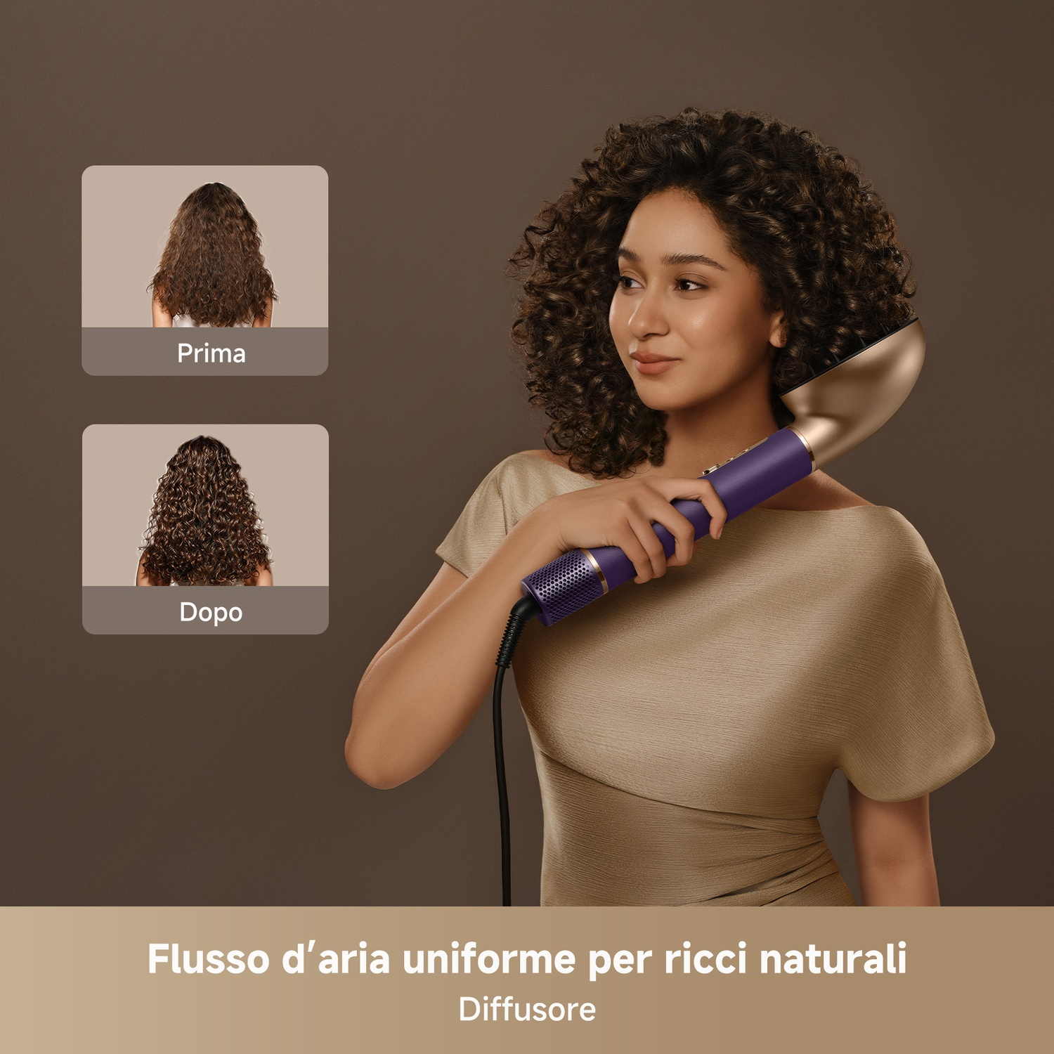 Donna con asciugacapelli diffusore, mostra effetto prima/dopo sui capelli ricci.