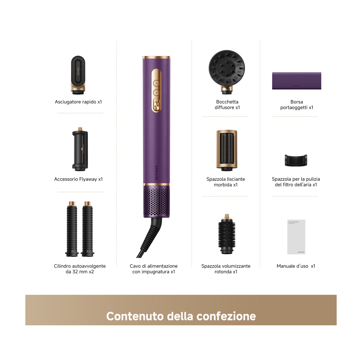 Contenuto della confezione: Asciugacapelli viola, accessori, spazzole, custodia, cavo, manuale.