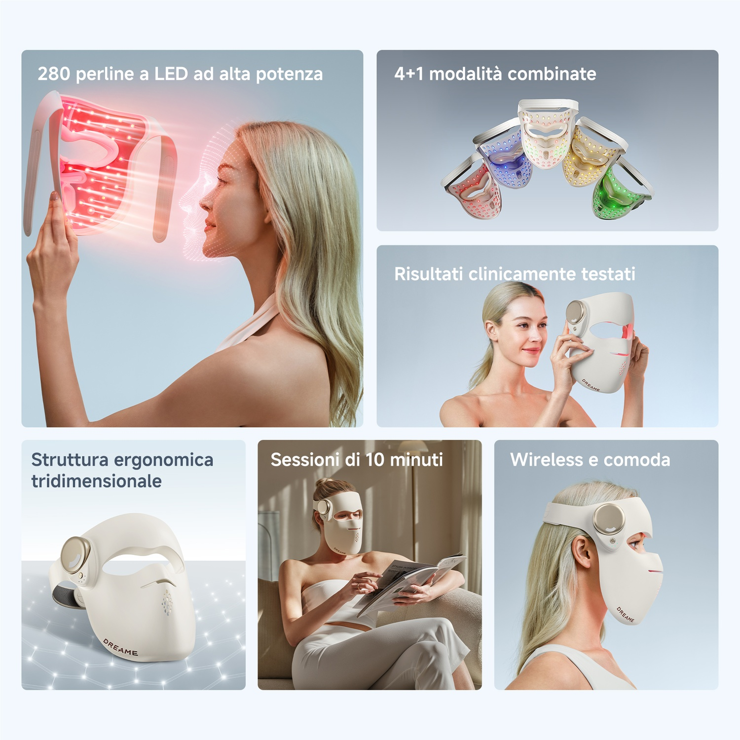 Una donna usa una maschera facciale LED con 280 perle.
