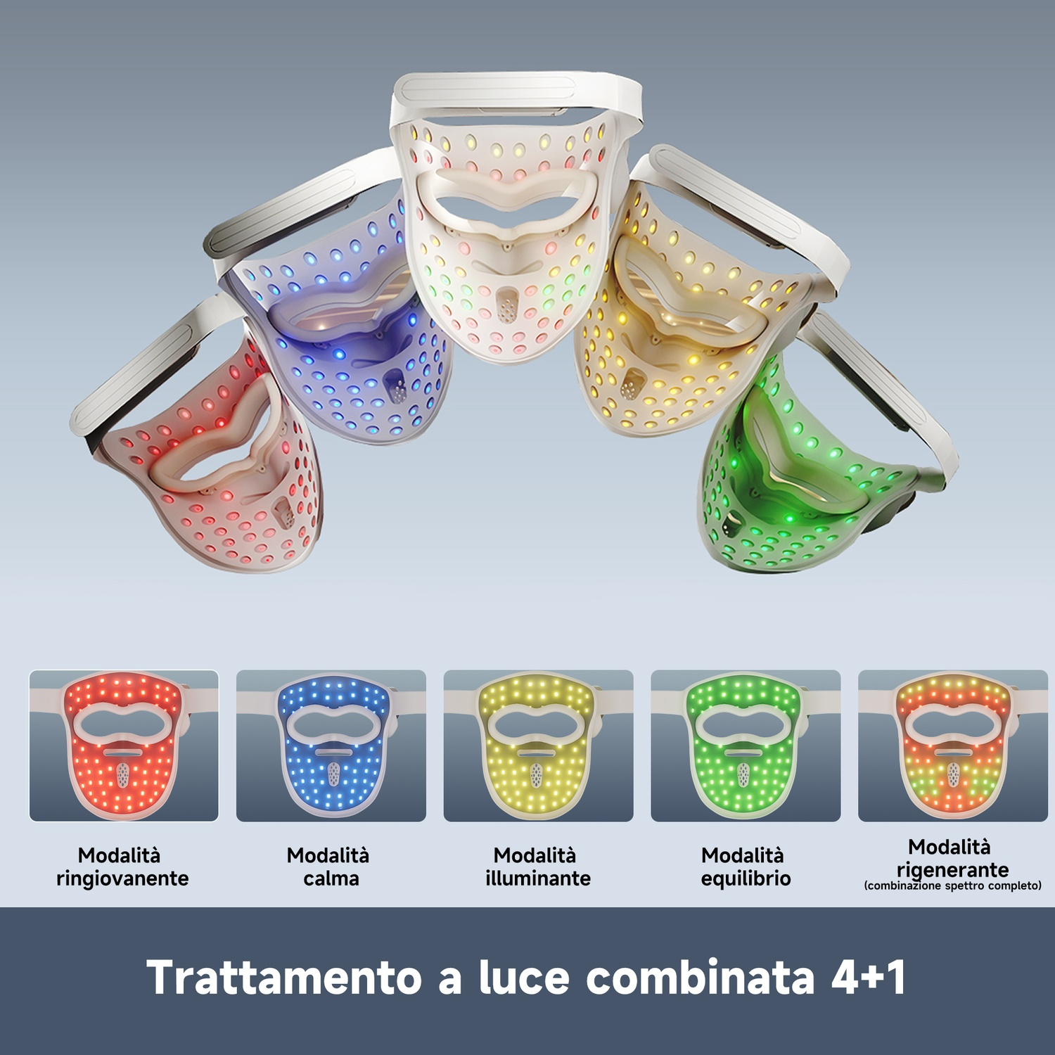 Cinque maschere facciali LED con luci rosse, blu, gialle, verdi e multicolori.
