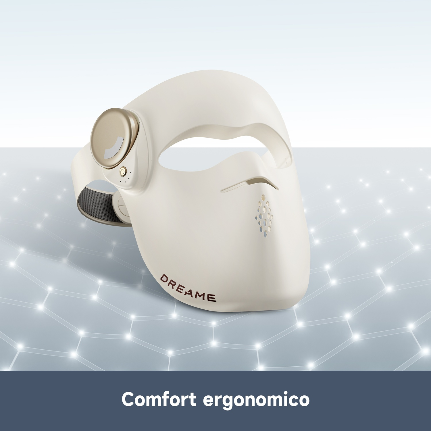 Una maschera facciale bianca con accenti dorati poggia su una griglia.