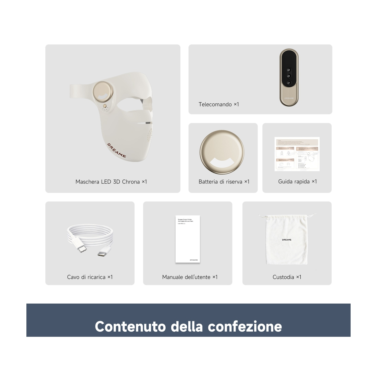 Un set di maschera facciale LED bianca con telecomando, batteria di riserva e manuali.
