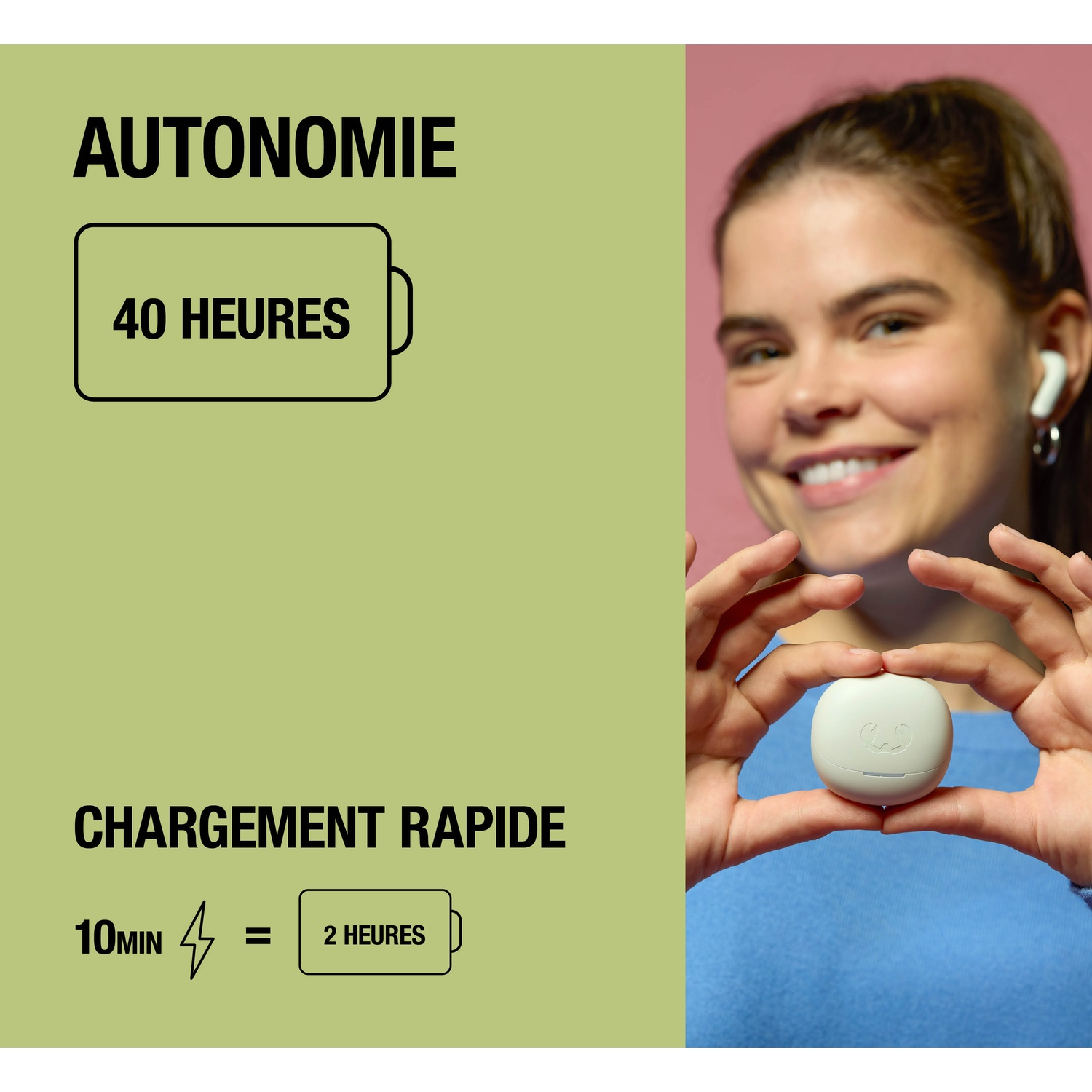 Femme tenant un étui de chargement blanc; texte sur l'autonomie et la charge rapide.