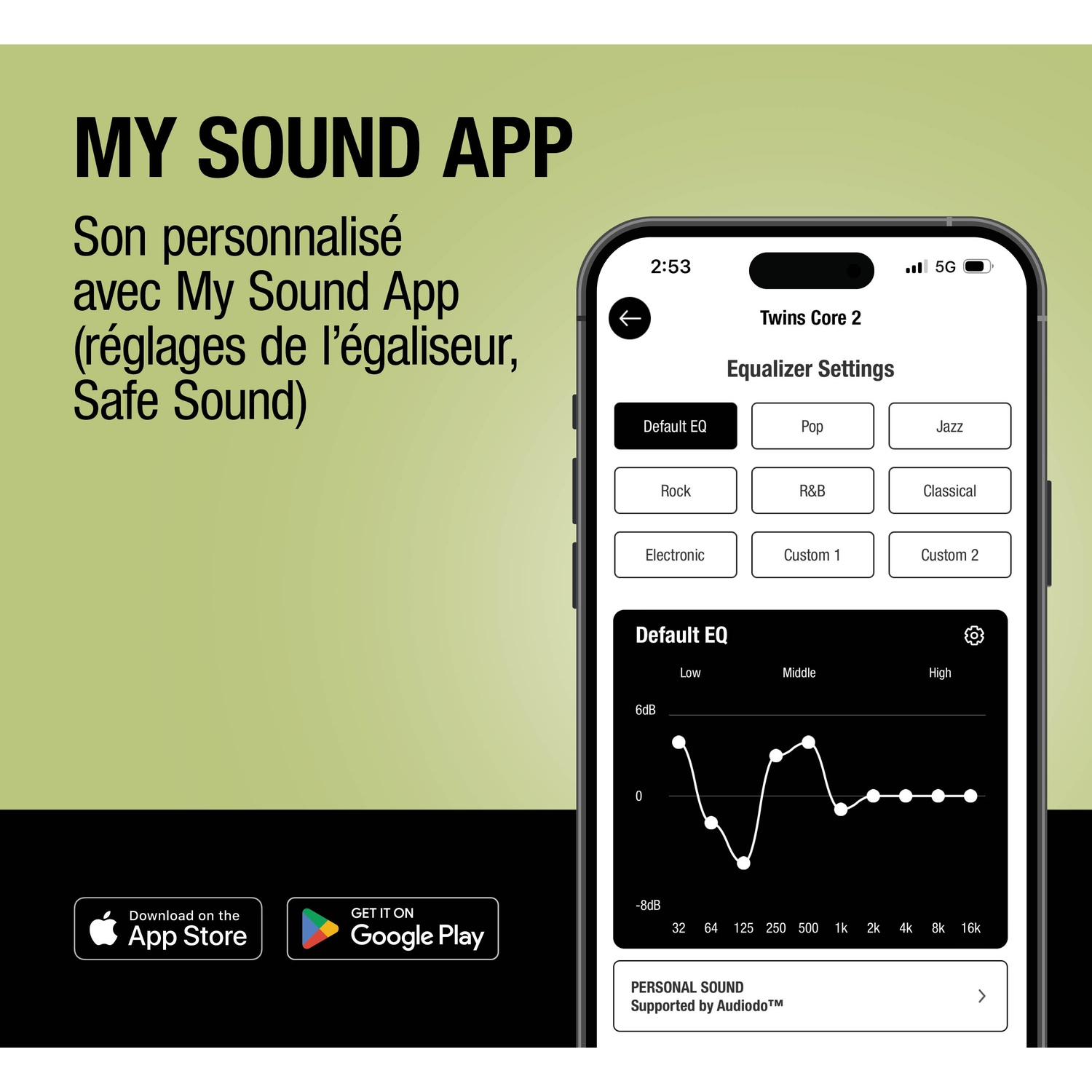 Écran d'application montrant les réglages de l'égaliseur et le texte 'MY SOUND APP'.